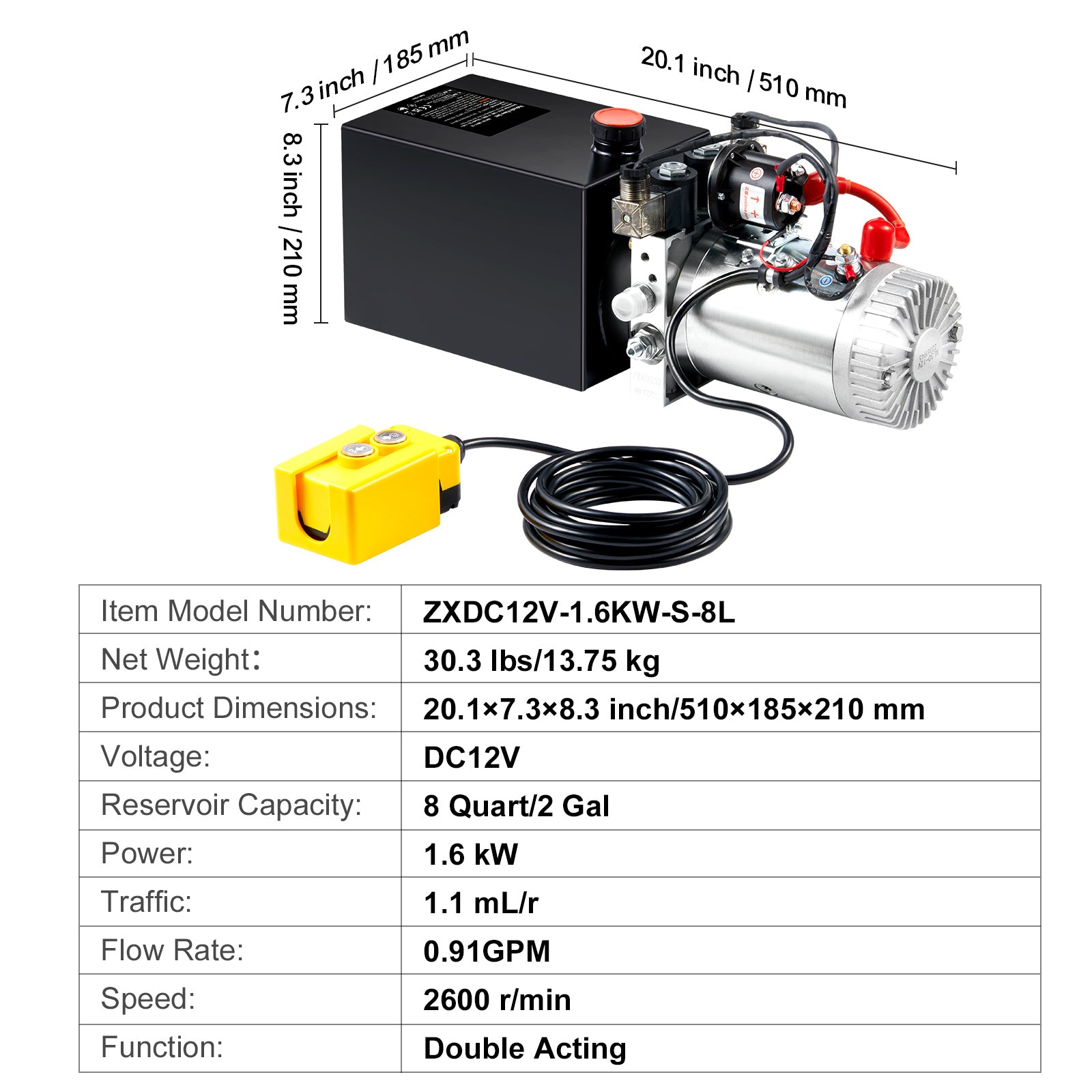Hydraulic Pump, 8 Quart Hydraulic Power Unit, Double Acting Dump Trailer Pump, 0.91 GPM Flow Rate, 3200 PSI Max Relief Pressure, DC 12V Hydraulic Pump for Dump Trailer Car Lifting