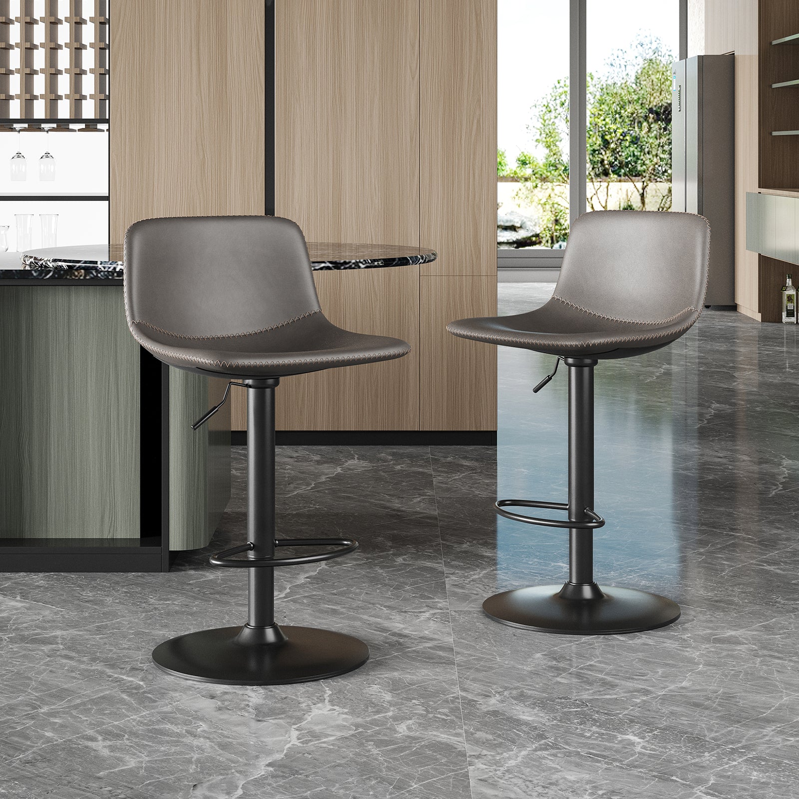 Adjustable Bar Stools Set of 2, Mid Century Modern Swivel Bar Stools, Industrial Bar Height Stools With Back Support Counter Height Bar Chairs Pu Leather Bar Stool for Kitchen Island Rustic Barstools