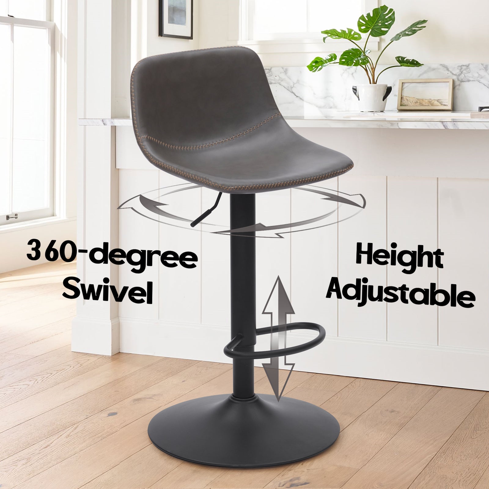 Adjustable Bar Stools Set of 2, Mid Century Modern Swivel Bar Stools, Industrial Bar Height Stools With Back Support Counter Height Bar Chairs Pu Leather Bar Stool for Kitchen Island Rustic Barstools