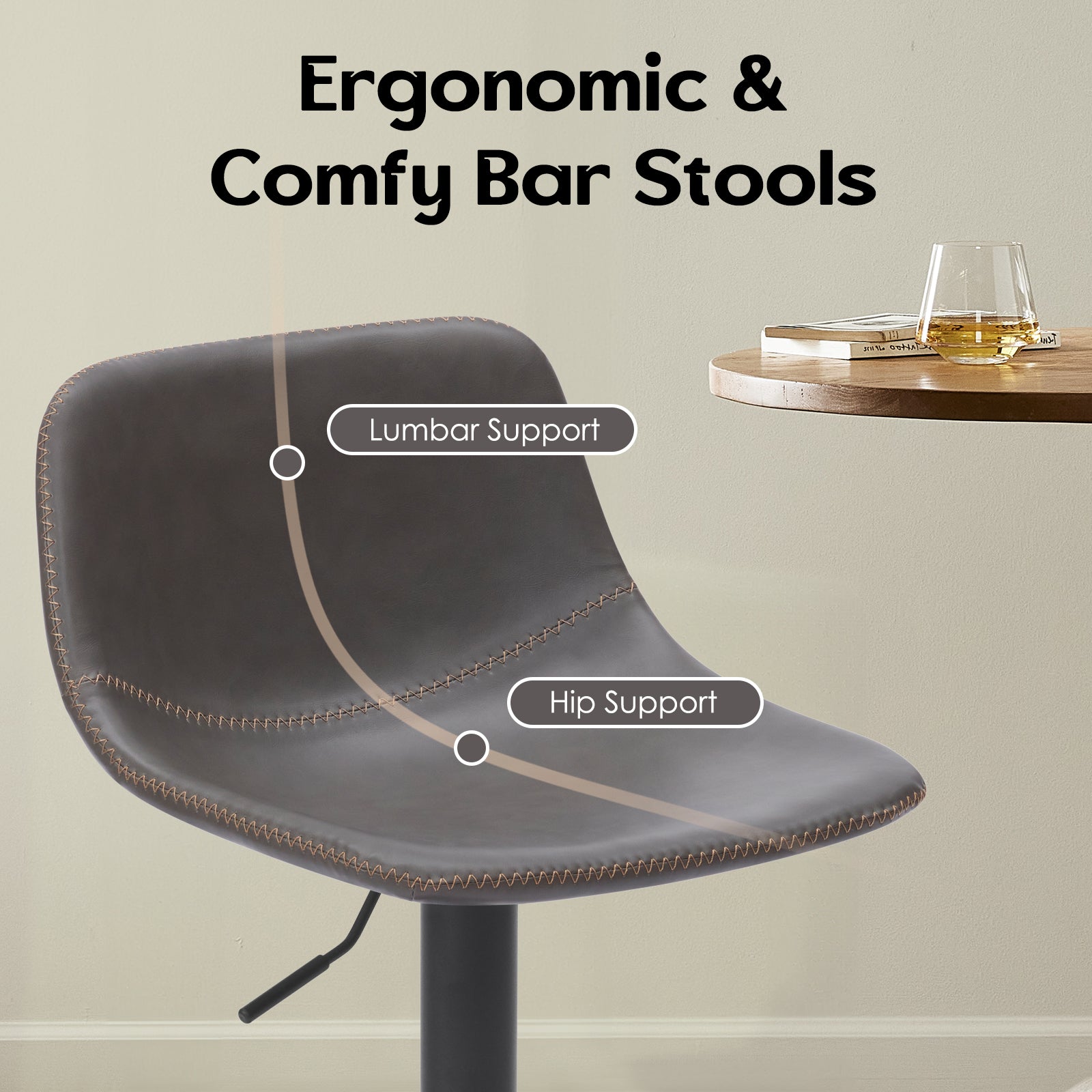 Adjustable Bar Stools Set of 2, Mid Century Modern Swivel Bar Stools, Industrial Bar Height Stools With Back Support Counter Height Bar Chairs Pu Leather Bar Stool for Kitchen Island Rustic Barstools