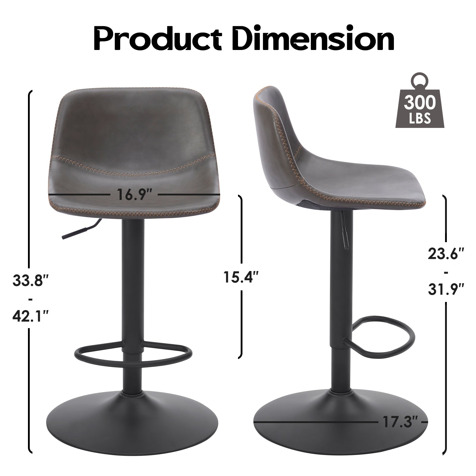 Adjustable Bar Stools Set of 2, Mid Century Modern Swivel Bar Stools, Industrial Bar Height Stools With Back Support Counter Height Bar Chairs Pu Leather Bar Stool for Kitchen Island Rustic Barstools