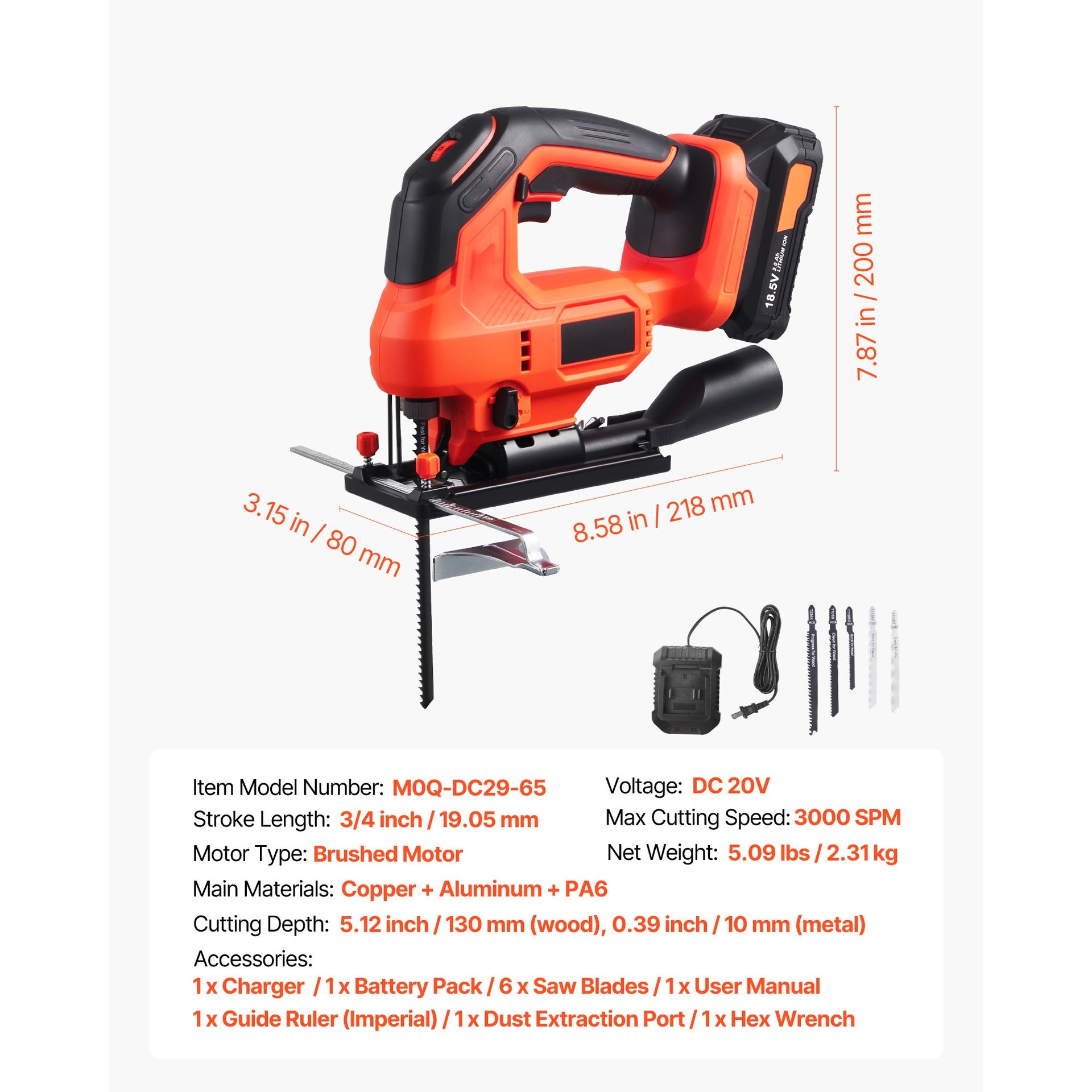 Cordless Jig Saw, 20 V, 3000 SPM Blade Speed, Cordless Jigsaw with Battery and Charger, LED Light, 6 Variable Speed, 0- 45° Bevel Cuts, with 6 pcs Blades, 4 Orbital Settings, for Wood, Metal