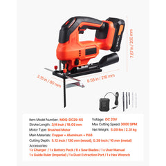 Cordless Jig Saw, 20 V, 3000 SPM Blade Speed, Cordless Jigsaw with Battery and Charger, LED Light, 6 Variable Speed, 0- 45° Bevel Cuts, with 6 pcs Blades, 4 Orbital Settings, for Wood, Metal