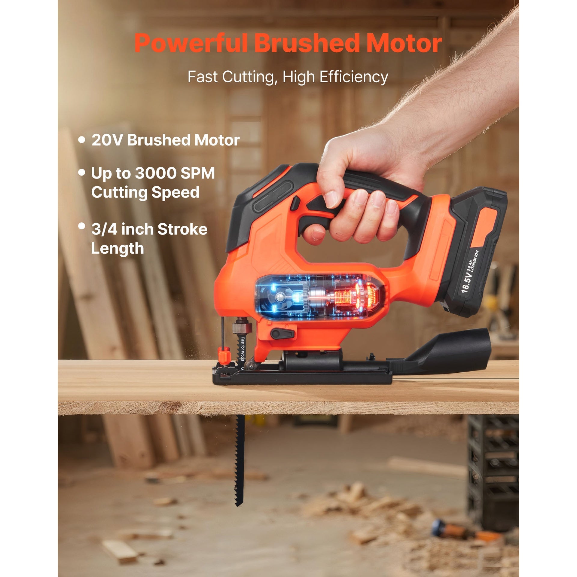 Cordless Jig Saw, 20 V, 3000 SPM Blade Speed, Cordless Jigsaw with Battery and Charger, LED Light, 6 Variable Speed, 0- 45° Bevel Cuts, with 6 pcs Blades, 4 Orbital Settings, for Wood, Metal