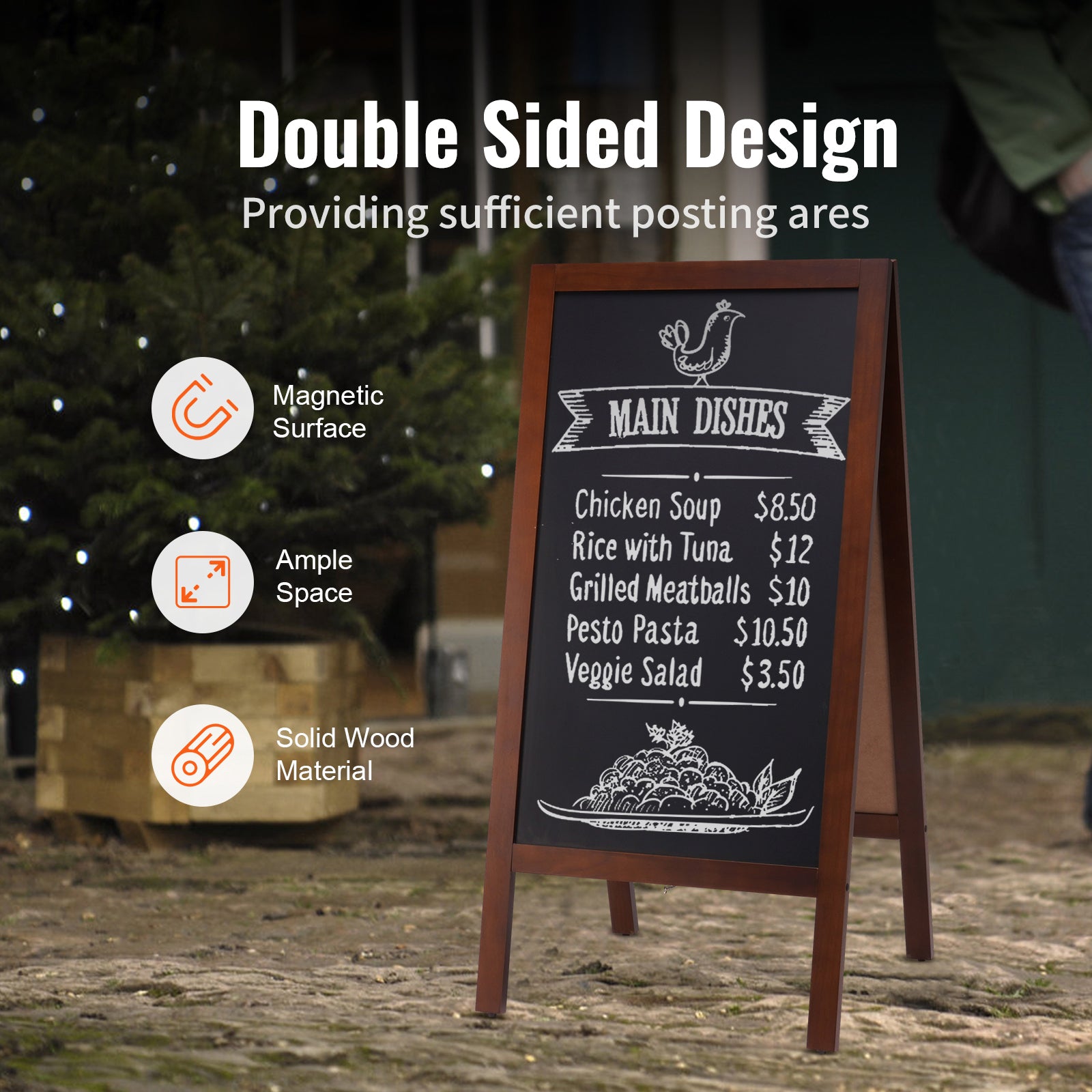 A Frame Chalkboard Sign, Double-Sided Sidewalk Signs, Freestanding Vintage Wooden Chalk Board with Chalks & Magnetic Eraser, Rustic Brown Outdoor Sandwich Board, 20"x40", Kitchen Home Wedding