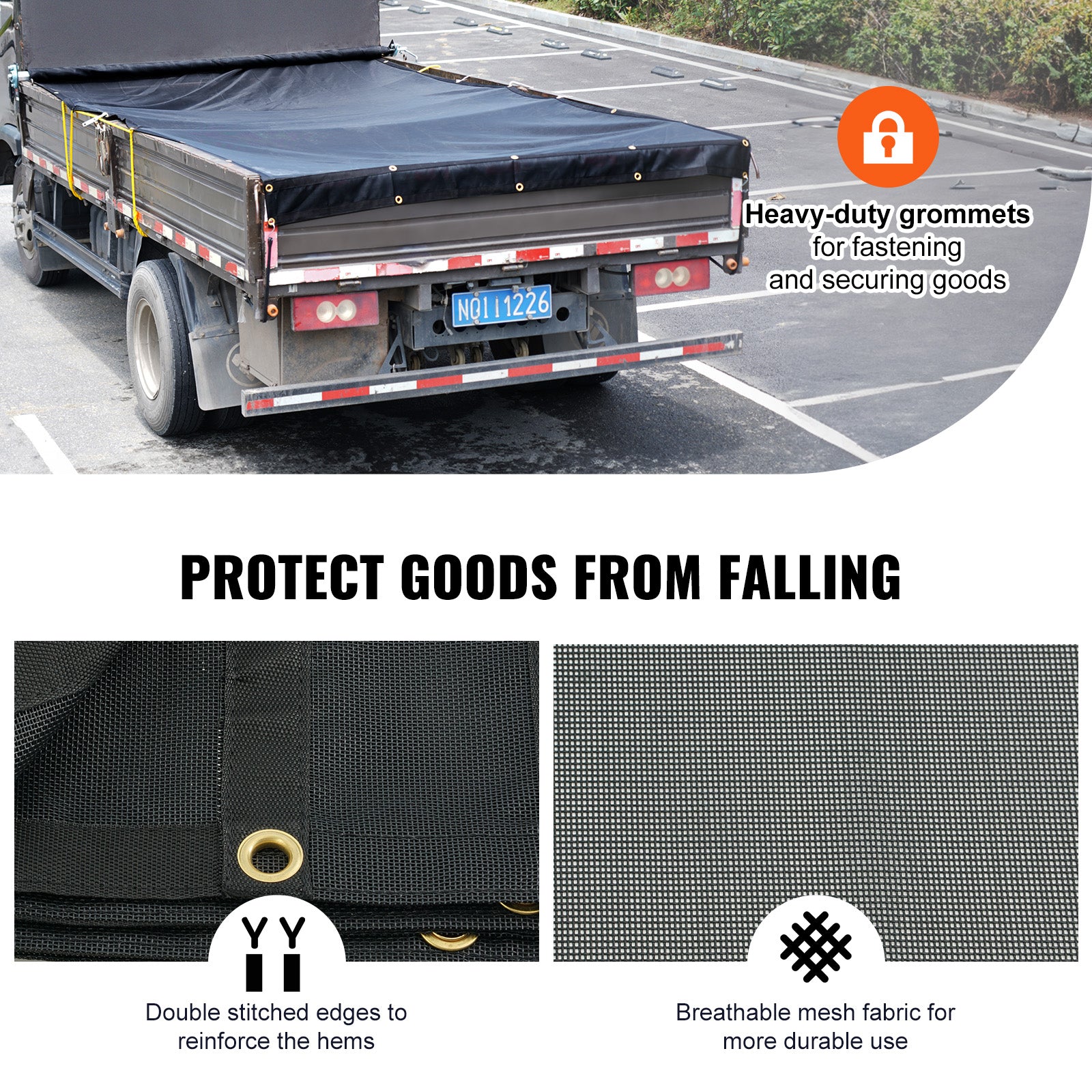 Dump Truck Mesh Tarp, 6 x 14 ft, PVC Coated Black Heavy Duty Cover with 5.5" 18oz Double Pocket, Brass Grommets, Reinforced Double Needle Stitch Webbing Fits Manual or Electric Dump Truck System