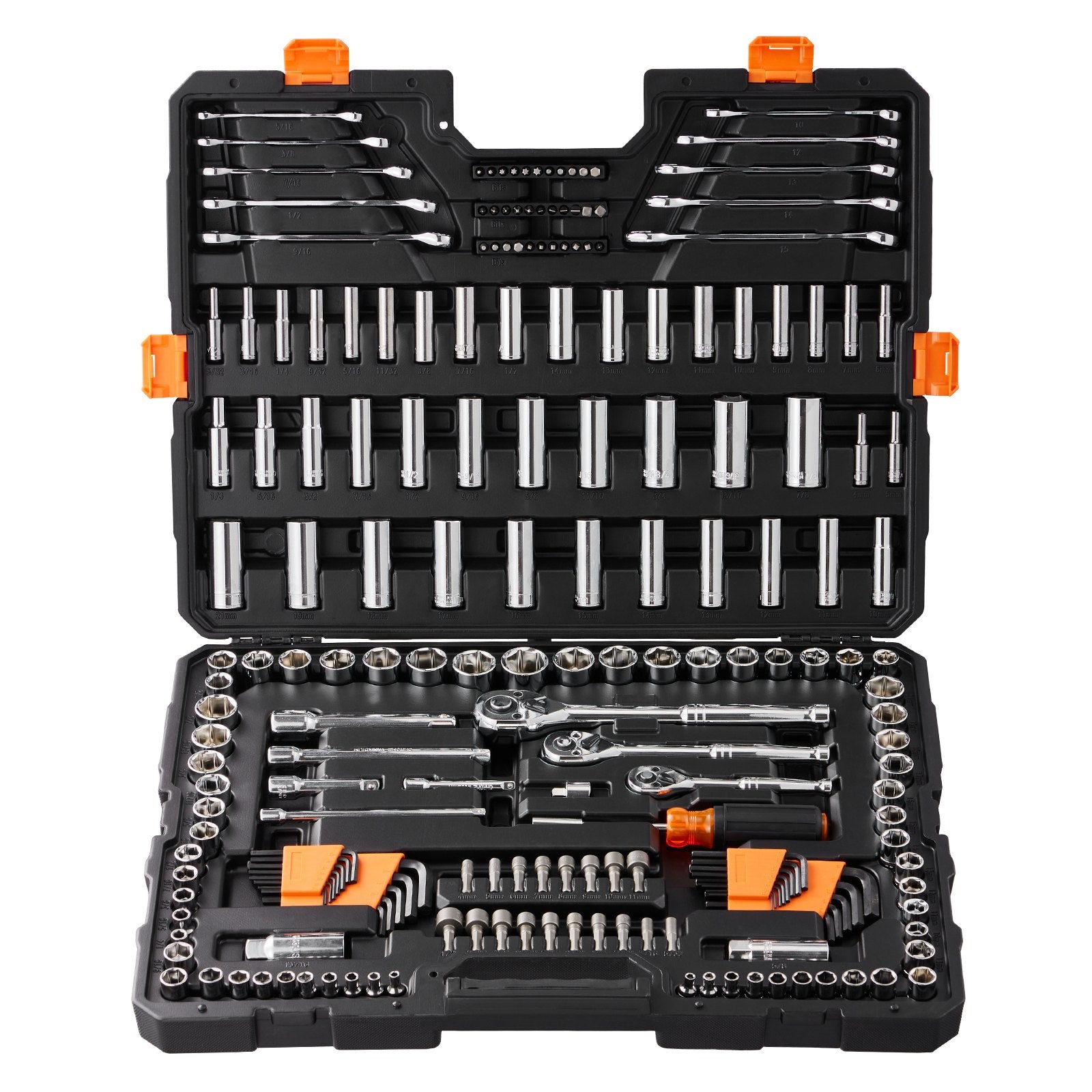 Mechanics Tool Set and Socket Set, 1/4" 3/8" 1/2" Drive Deep and Standard Sockets, 205 Pcs SAE and Metric Mechanic Tool Kit with Bits, Combination Wrench, Hex Wrenches, Accessories, Storage Case