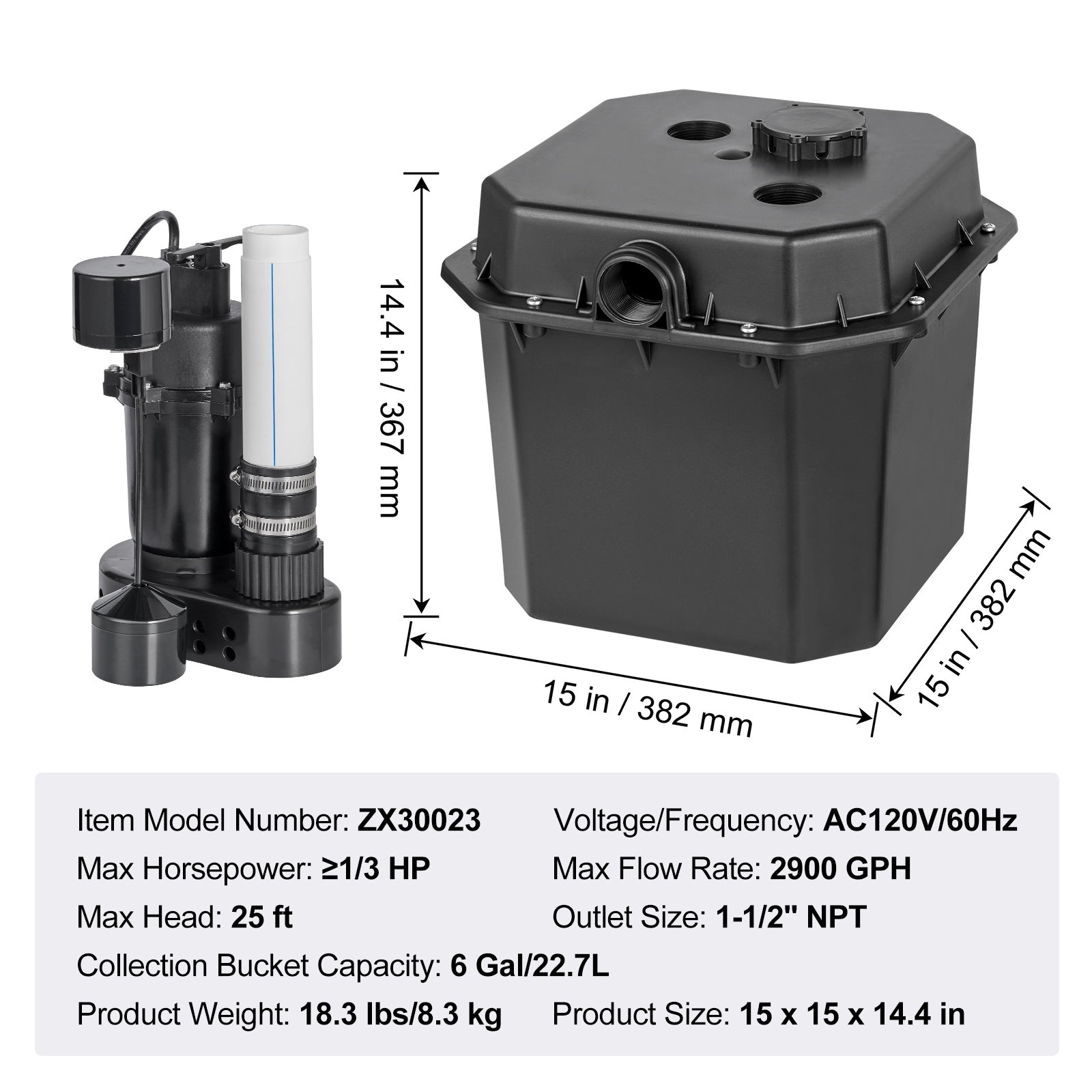 Utility Sink Pump, 1/3 HP, 120-Volt, 2900 GPH Flow, 25 ft Head, Under-Sink Sump Pump System with 6 Gallon Basin, Automatic Utility/Laundry Sink Pump, Drain Pump with 1-1/2" NPT Outlet, Black