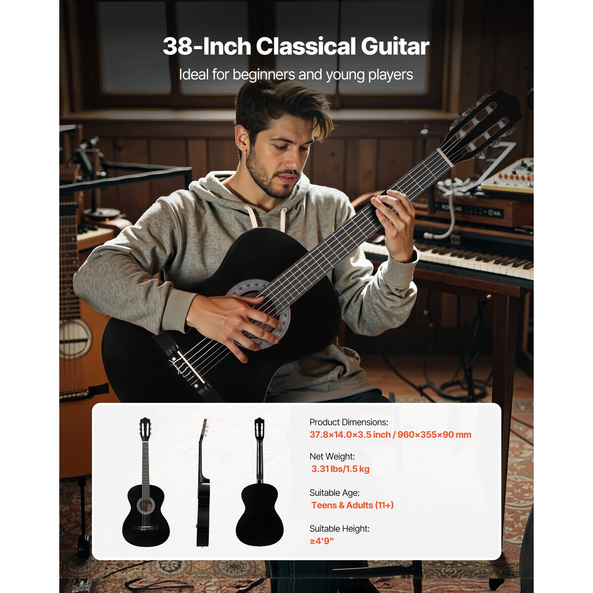 Classical Guitar, 38 Inch, Wood Classical Guitar Starter Kit for Beginners, with Nylon Strings, Gig Bag, Strap, Tuner, Extra Strings, Picks, Capo, Basswood, for Teenagers Adults Students, Black