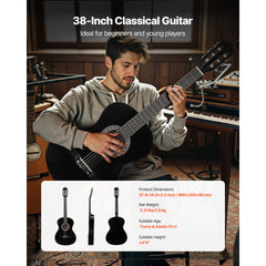Classical Guitar, 38 Inch, Wood Classical Guitar Starter Kit for Beginners, with Nylon Strings, Gig Bag, Strap, Tuner, Extra Strings, Picks, Capo, Basswood, for Teenagers Adults Students, Black