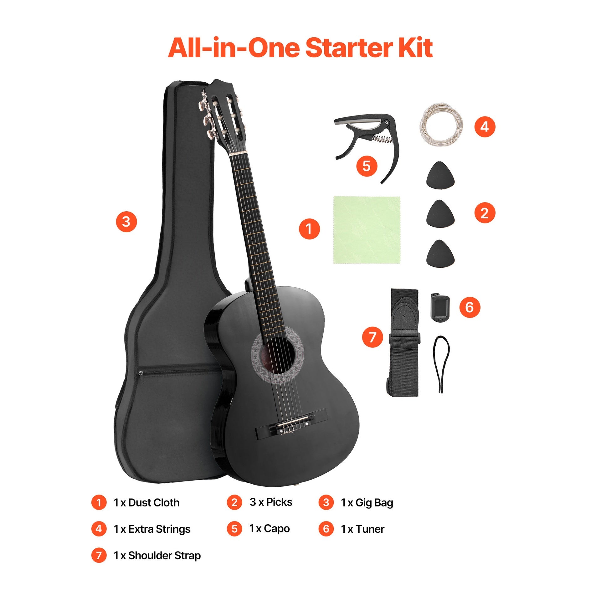 Classical Guitar, 38 Inch, Wood Classical Guitar Starter Kit for Beginners, with Nylon Strings, Gig Bag, Strap, Tuner, Extra Strings, Picks, Capo, Basswood, for Teenagers Adults Students, Black