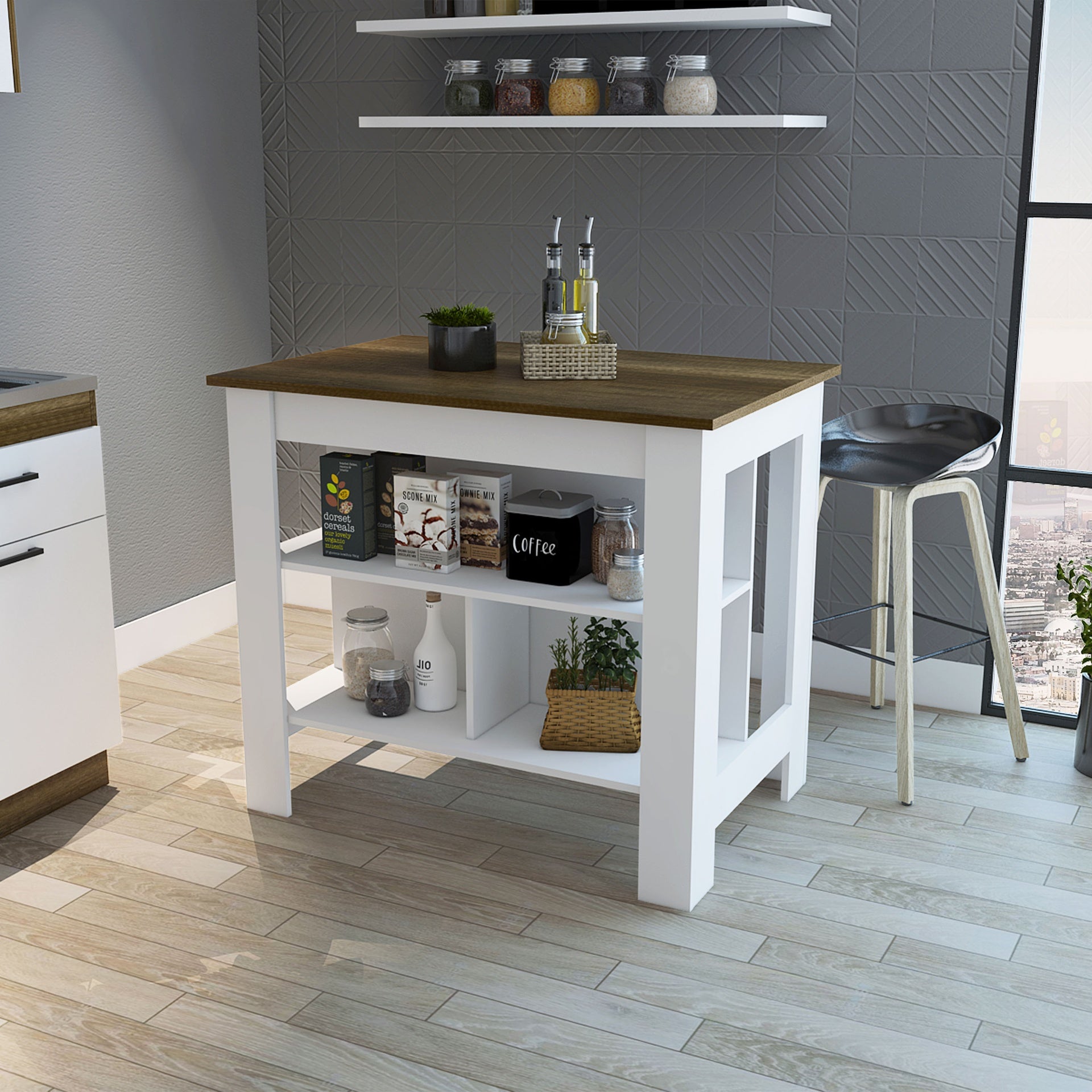 Brooklyn  Kitchen Island, Three Concealed Shelves