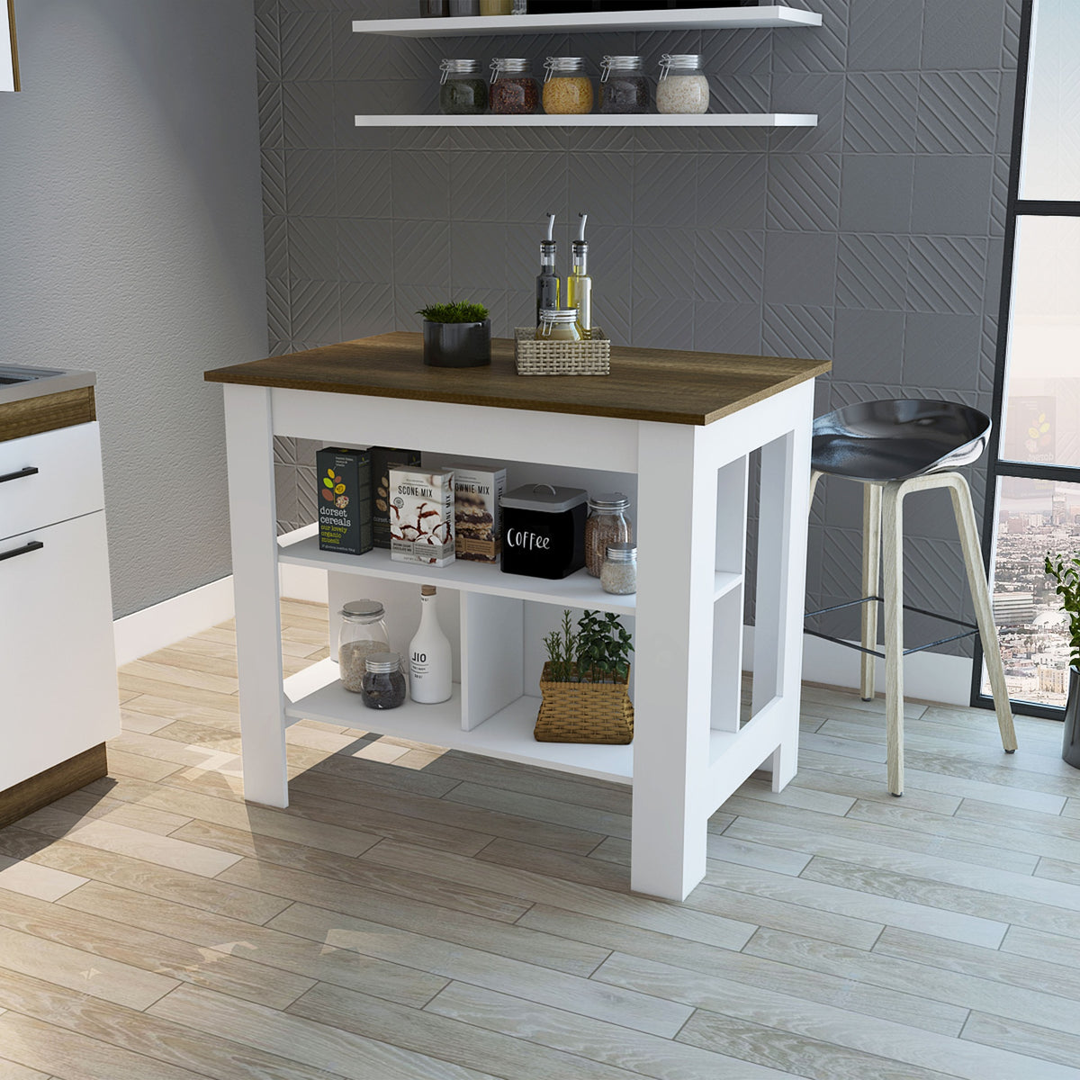 Brooklyn  Kitchen Island, Three Concealed Shelves
