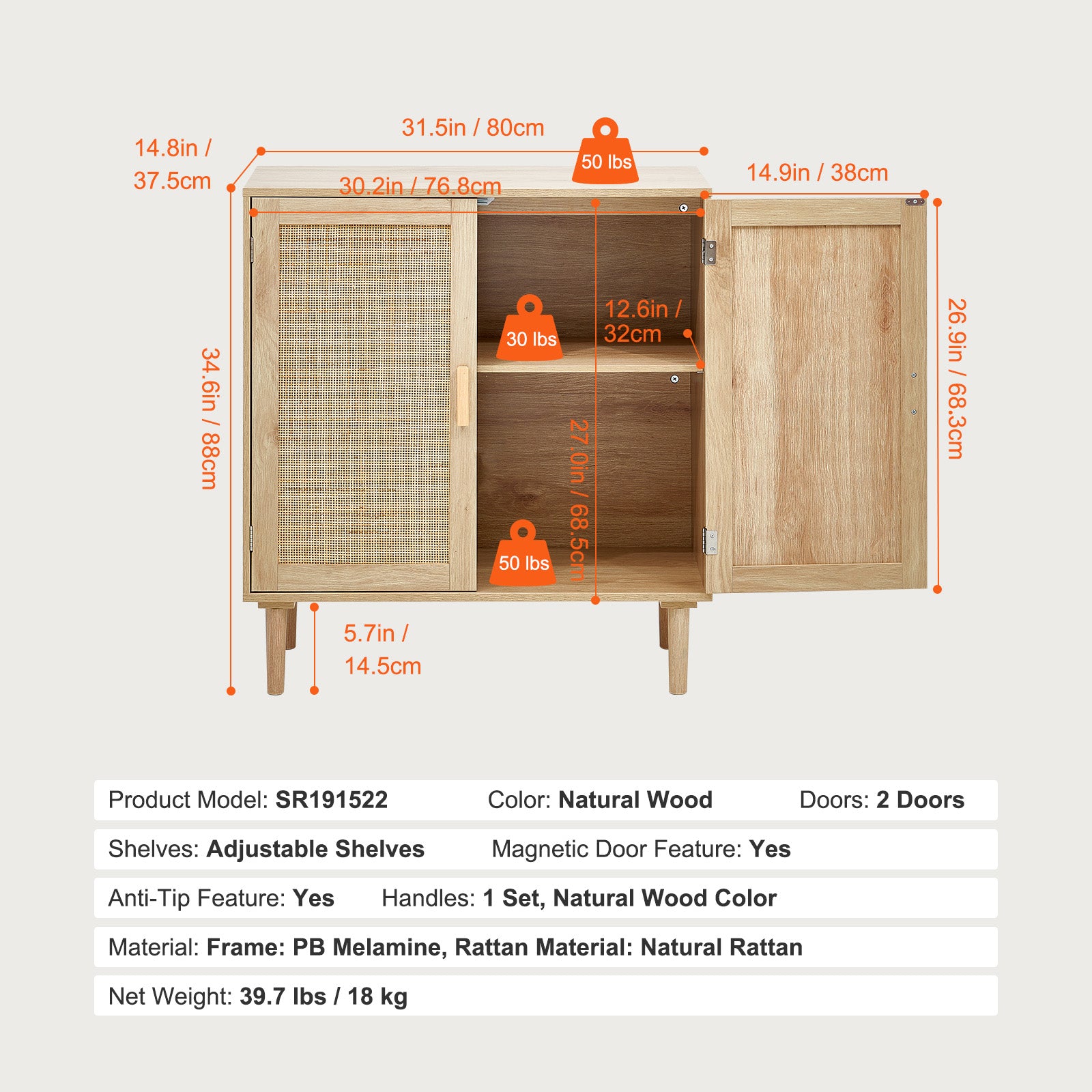 Rattan Cabinet, Rattan Storage Cabinet 31.5inch with 2 Magnetic Doors and Adjustable Shelves, Sideboard Buffet Cabinet for Hallway, Entryway, Living Room, or Kitchen, Natural