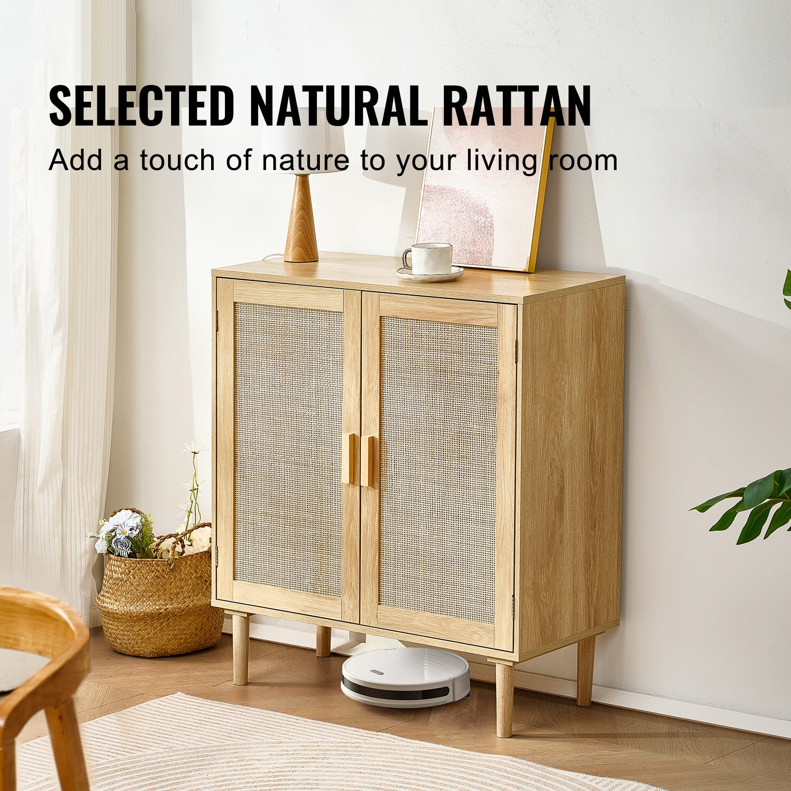 Rattan Cabinet, Rattan Storage Cabinet 31.5inch with 2 Magnetic Doors and Adjustable Shelves, Sideboard Buffet Cabinet for Hallway, Entryway, Living Room, or Kitchen, Natural