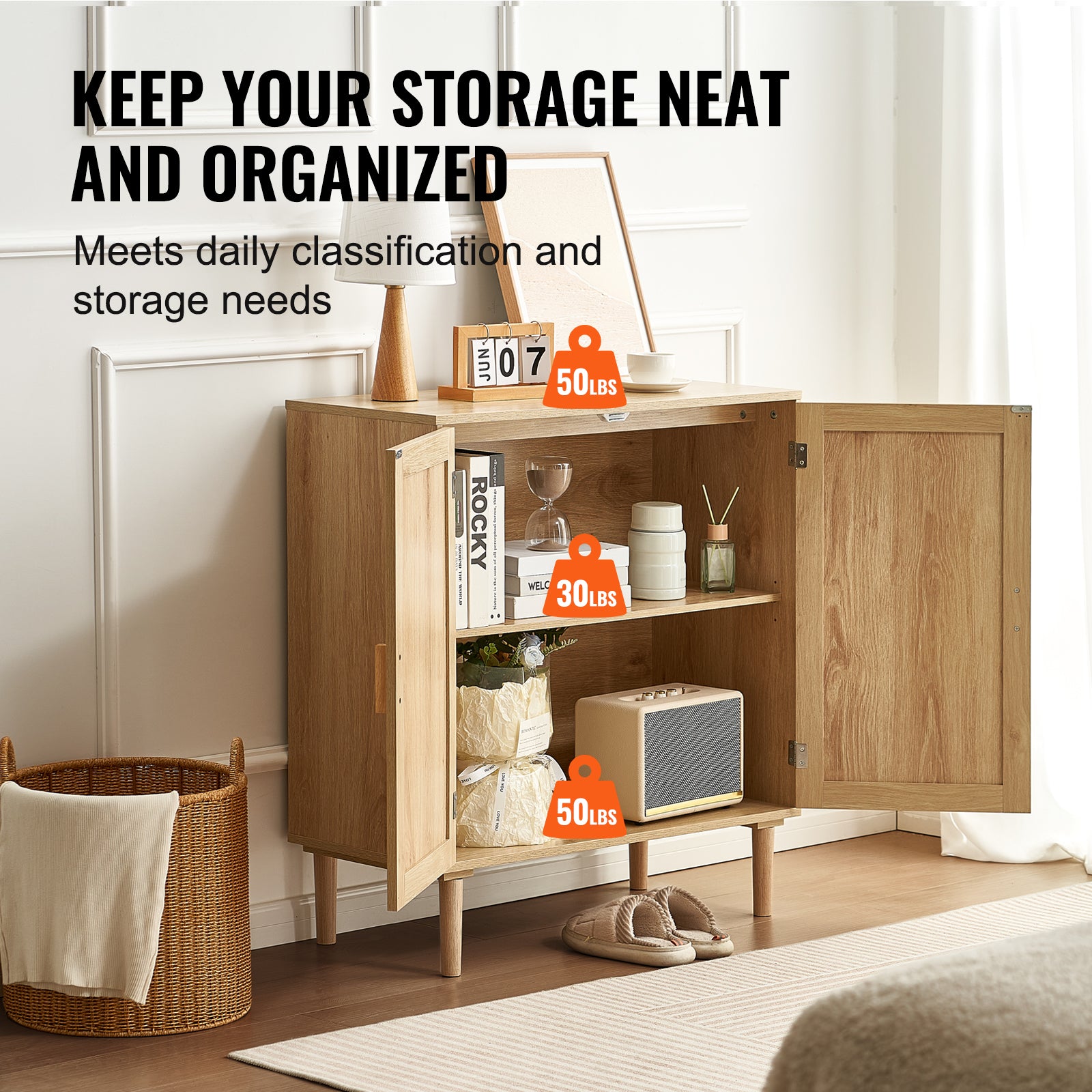Rattan Cabinet, Rattan Storage Cabinet 31.5inch with 2 Magnetic Doors and Adjustable Shelves, Sideboard Buffet Cabinet for Hallway, Entryway, Living Room, or Kitchen, Natural