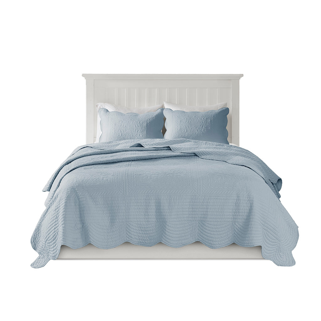 3 Piece Reversible Scalloped Edge Quilt Set Blue King/Cal King