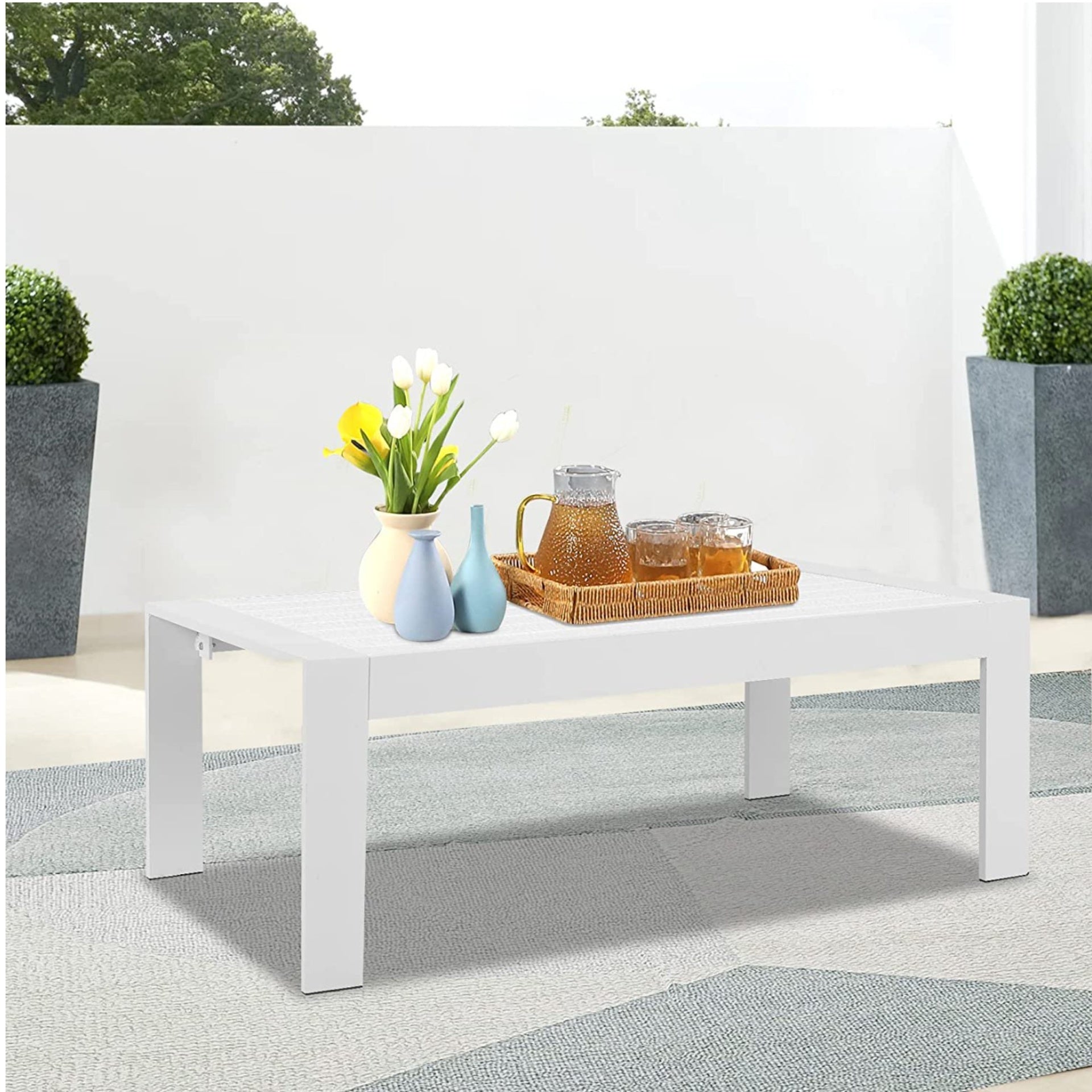 43" All-Weather Aluminum Patio Coffee Table, Modern White Rectangle Outdoor Table
