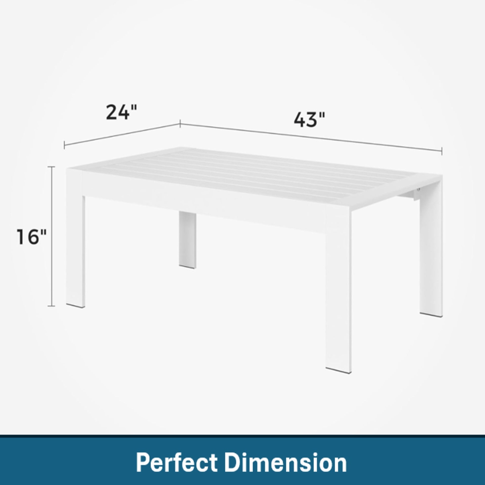 43" All-Weather Aluminum Patio Coffee Table, Modern White Rectangle Outdoor Table