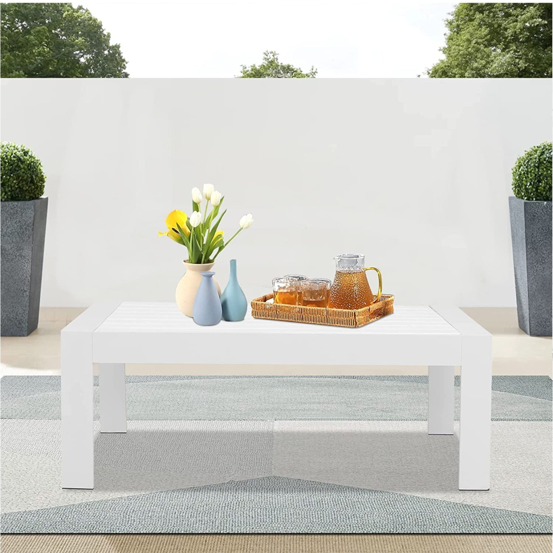 43" All-Weather Aluminum Patio Coffee Table, Modern White Rectangle Outdoor Table