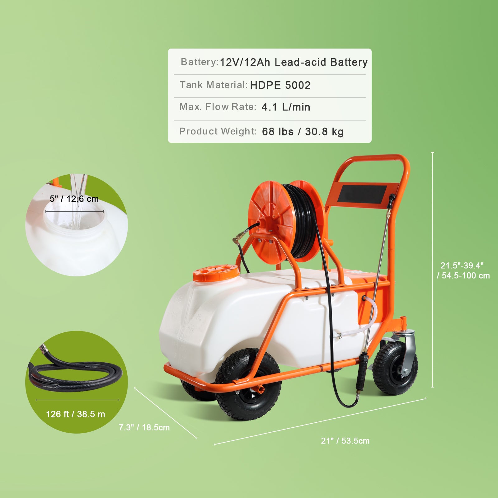 Battery Powered Lawn Sprayer on Wheel, 0-90 PSI Adjustable Pressure, 15 Gallon Tank, Cart Sprayer with 8 Nozzles and 2 Wands, 12V 12Ah Battery, Wide Mouth Lid for Weeding, Spraying