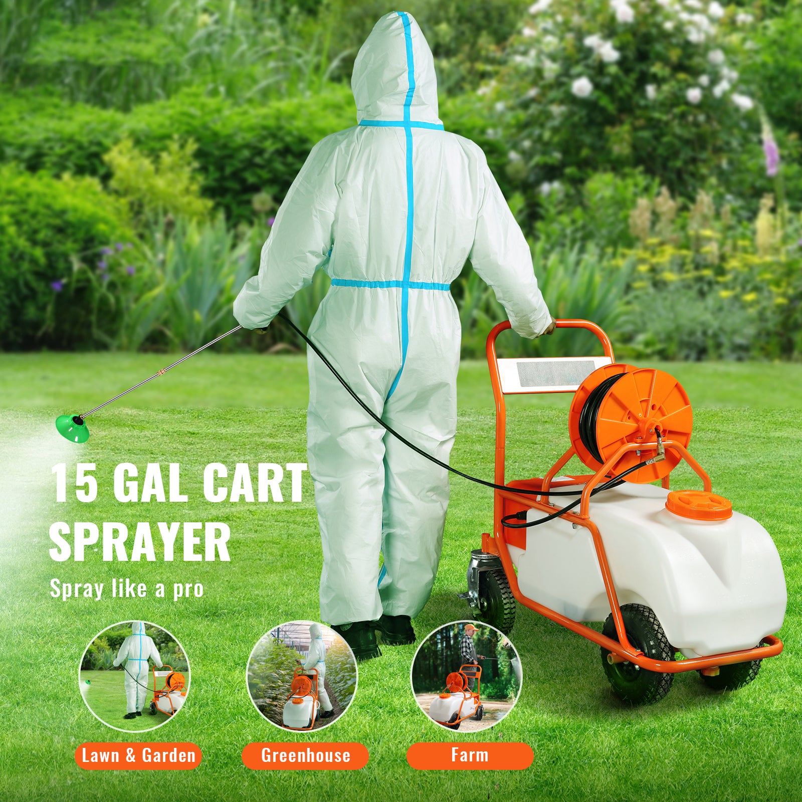 Battery Powered Lawn Sprayer on Wheel, 0-90 PSI Adjustable Pressure, 15 Gallon Tank, Cart Sprayer with 8 Nozzles and 2 Wands, 12V 12Ah Battery, Wide Mouth Lid for Weeding, Spraying