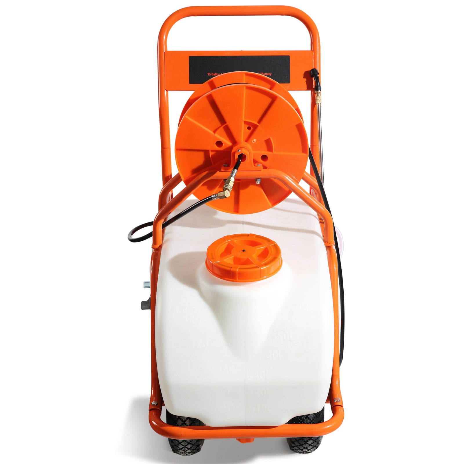 Battery Powered Lawn Sprayer on Wheel, 0-90 PSI Adjustable Pressure, 15 Gallon Tank, Cart Sprayer with 8 Nozzles and 2 Wands, 12V 12Ah Battery, Wide Mouth Lid for Weeding, Spraying