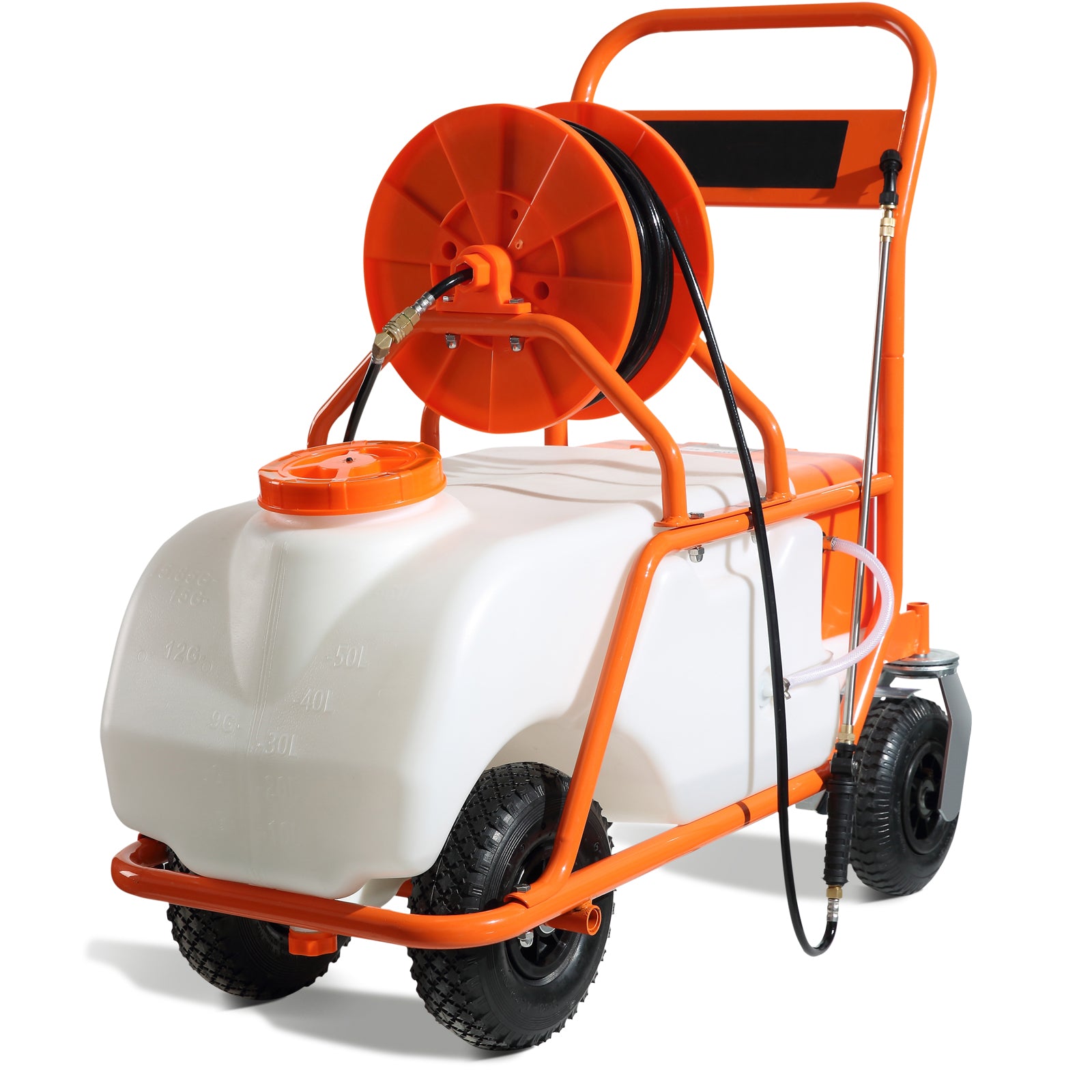 Battery Powered Lawn Sprayer on Wheel, 0-90 PSI Adjustable Pressure, 15 Gallon Tank, Cart Sprayer with 8 Nozzles and 2 Wands, 12V 12Ah Battery, Wide Mouth Lid for Weeding, Spraying