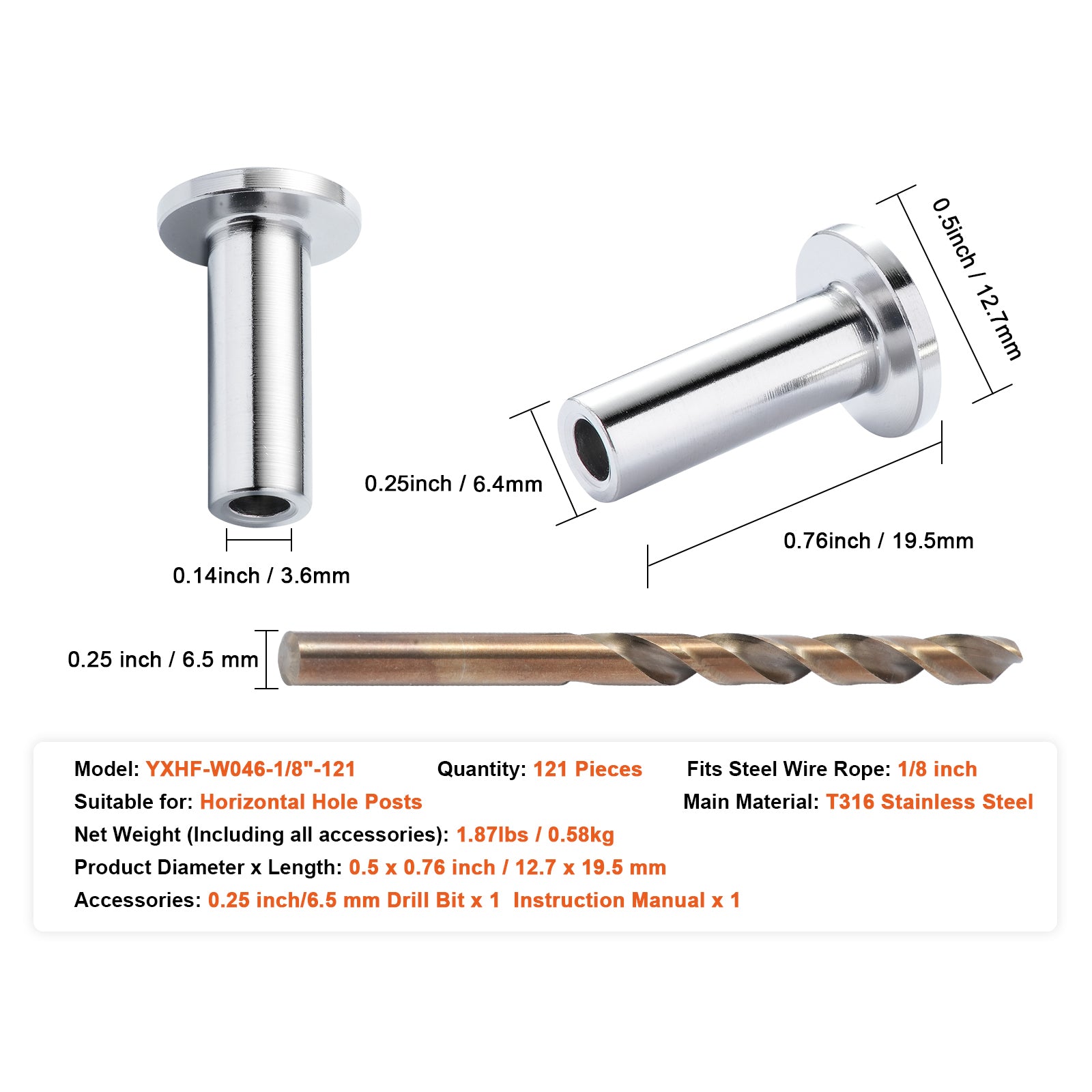 121 Pack T316 Stainless Steel Protector Sleeves for 1/8" Wire Rope Cable Railing, DIY Balustrade T316 Marine Grade, Come with A Free Drill Bit, Silver