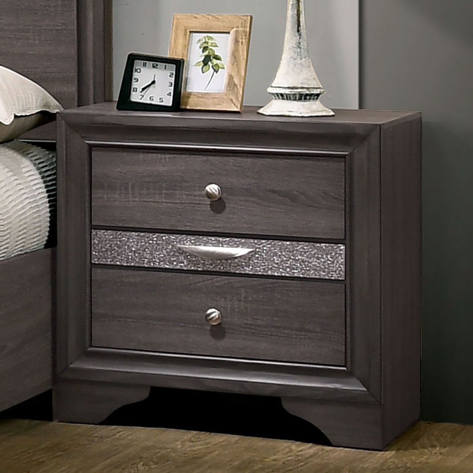 Contemporary Gray 1pc Nightstand Nickle round Knob Handles English Dovetails Hidden Drawer Bedside Table