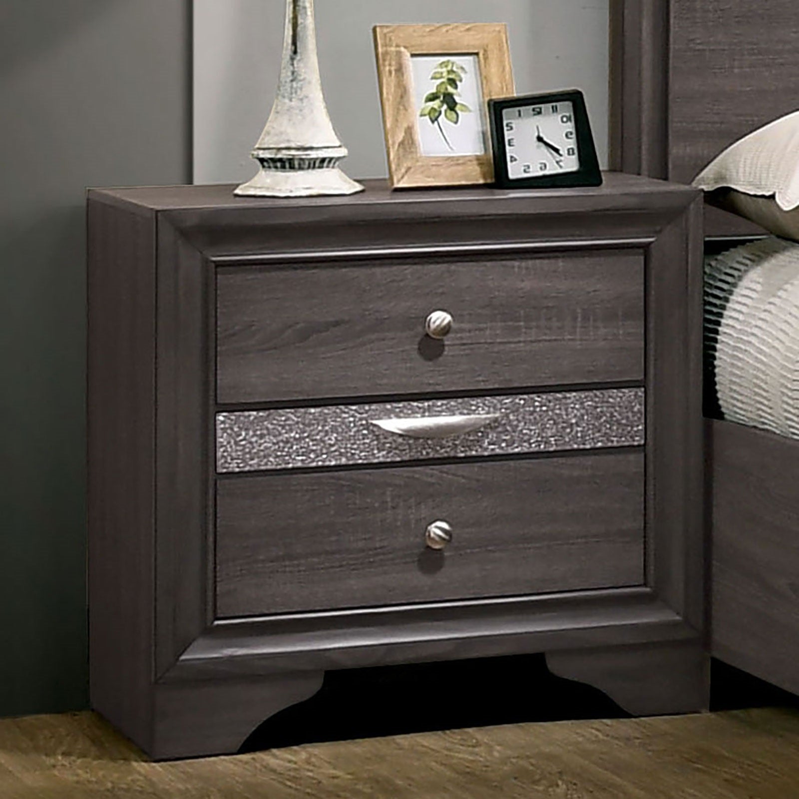 Contemporary Gray 1pc Nightstand Nickle round Knob Handles English Dovetails Hidden Drawer Bedside Table