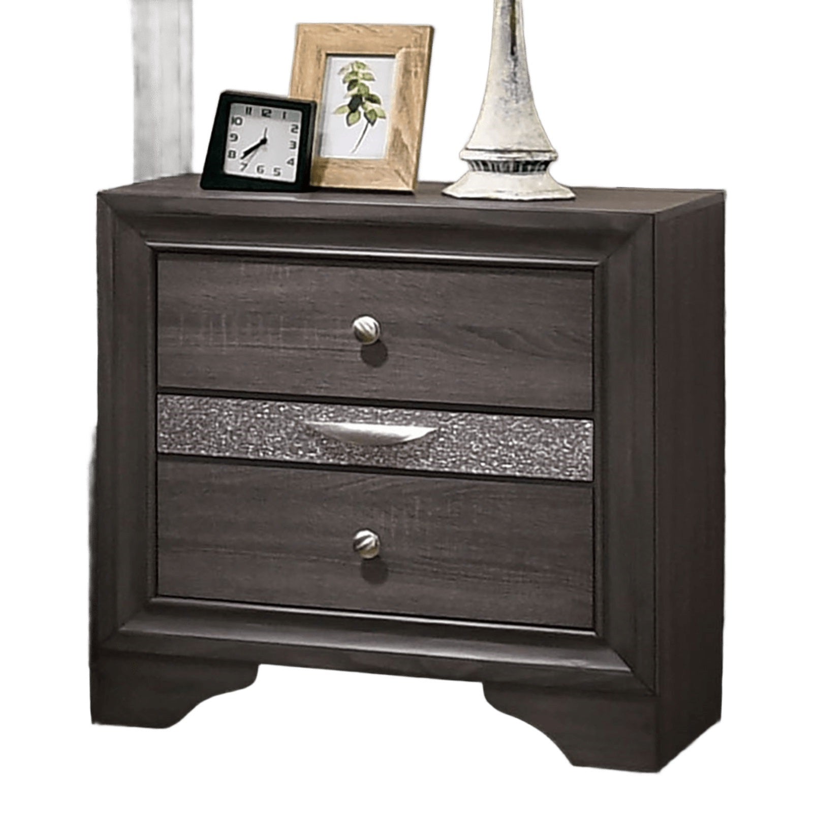 Contemporary Gray 1pc Nightstand Nickle round Knob Handles English Dovetails Hidden Drawer Bedside Table
