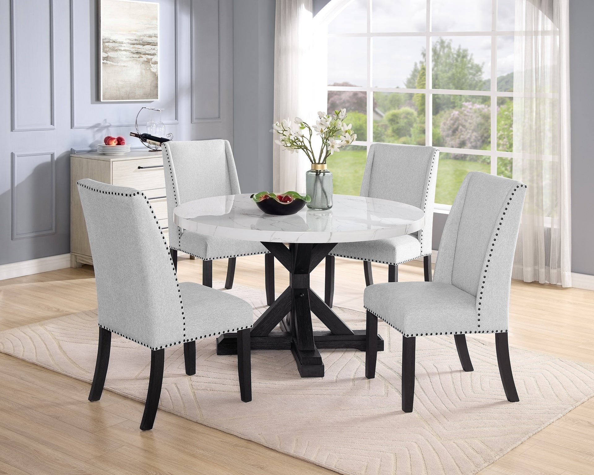Modern Look 2pc Light Gray Finish Side Chair Fabric Full Back Upholstered Seat Back Wing Black Finish Nailhead Trim Accent Dining Room Wooden Furniture