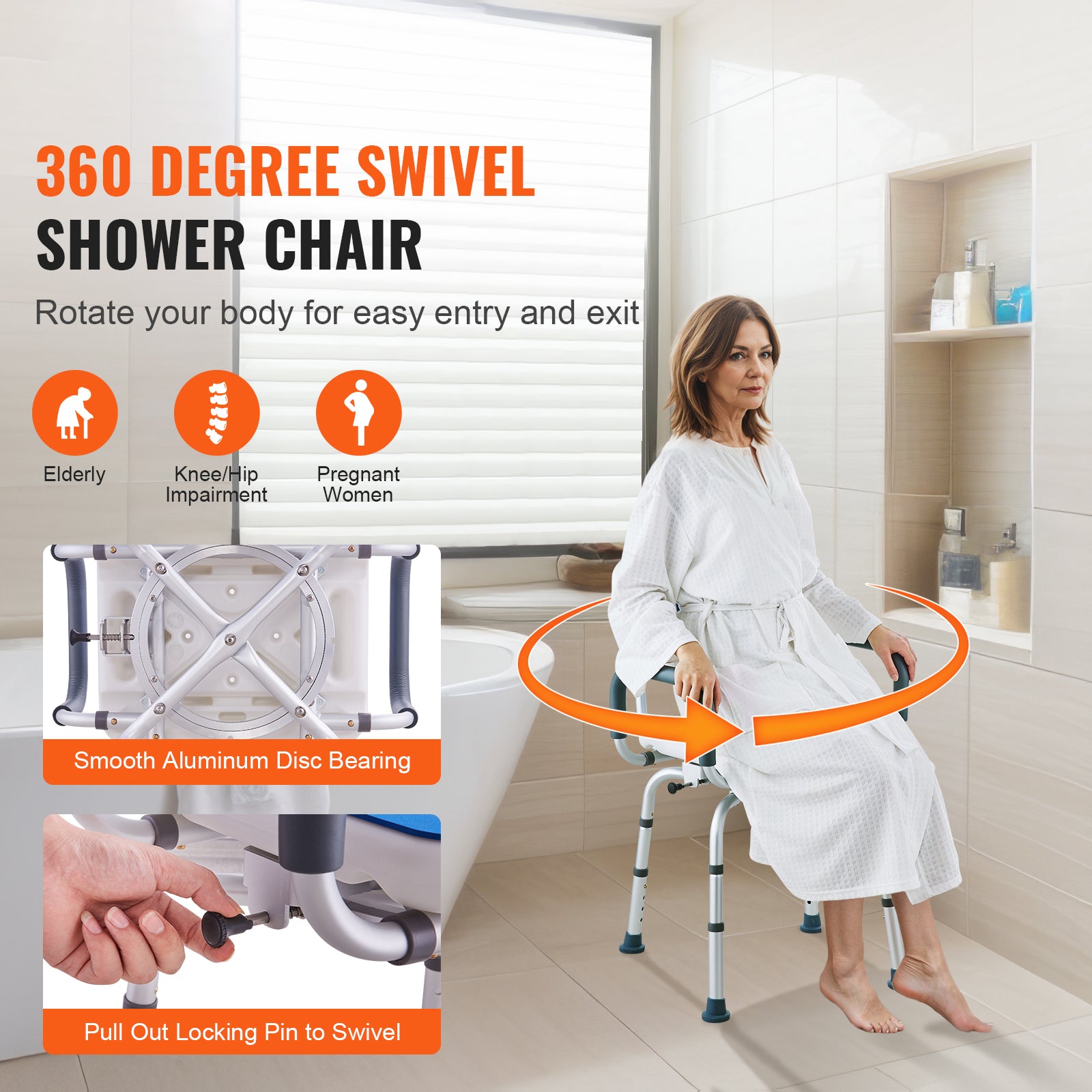 Shower Chair 360° Swivel Tub Shower Seat with Armrests & Backrest 400lbs