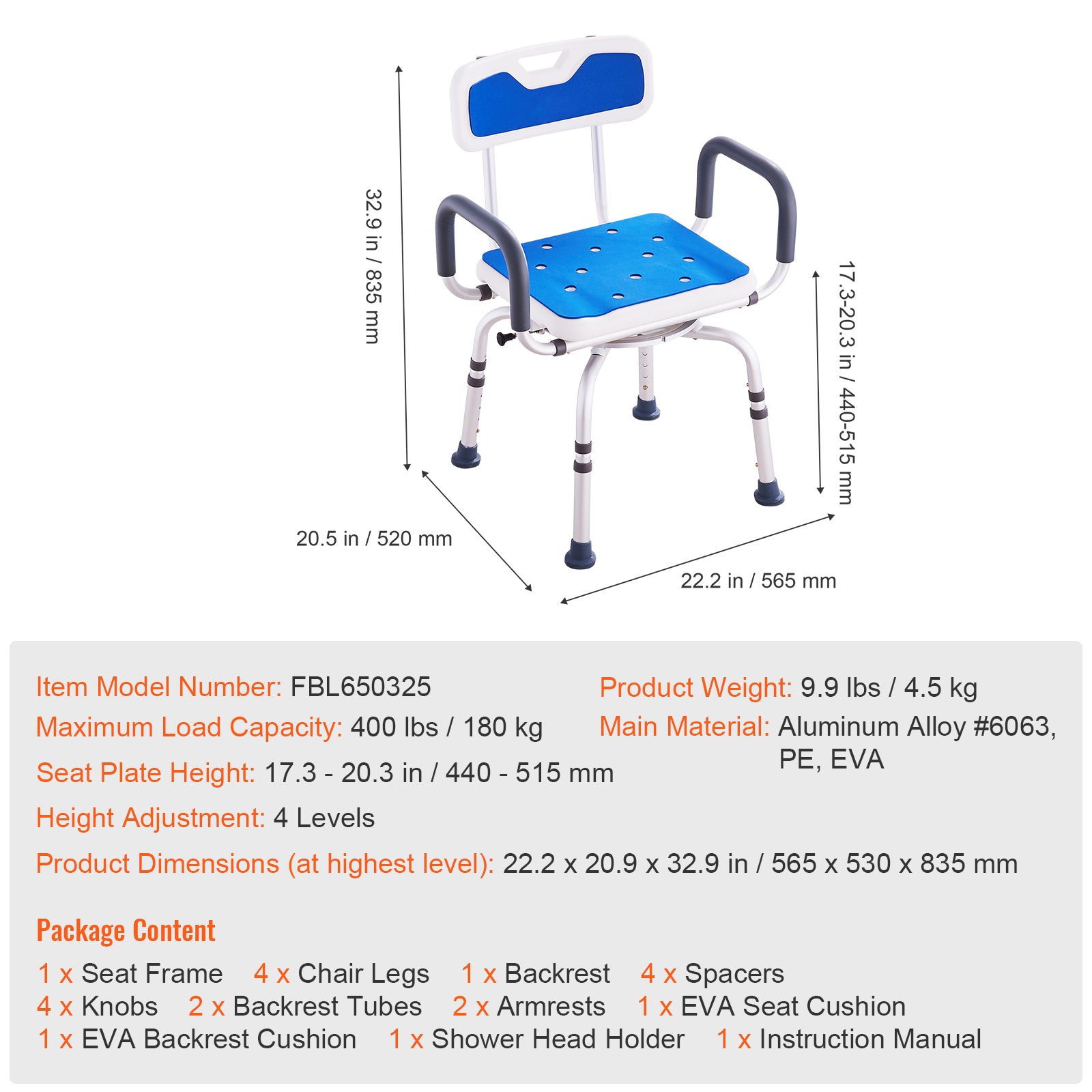 Shower Chair 360° Swivel Tub Shower Seat with Armrests & Backrest 400lbs