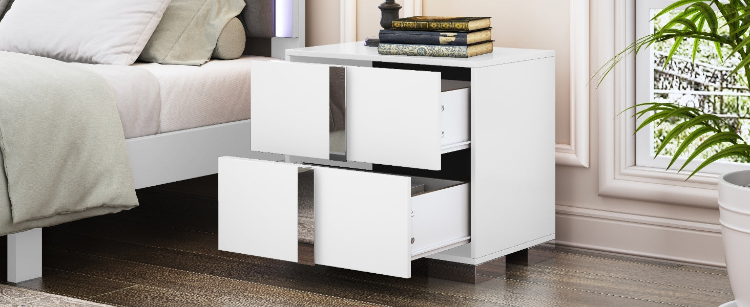 Elegant Nightstand with Metal Foot, Mirrored Bedside Table with 2 Drawers for Bedroom, Living Room, White