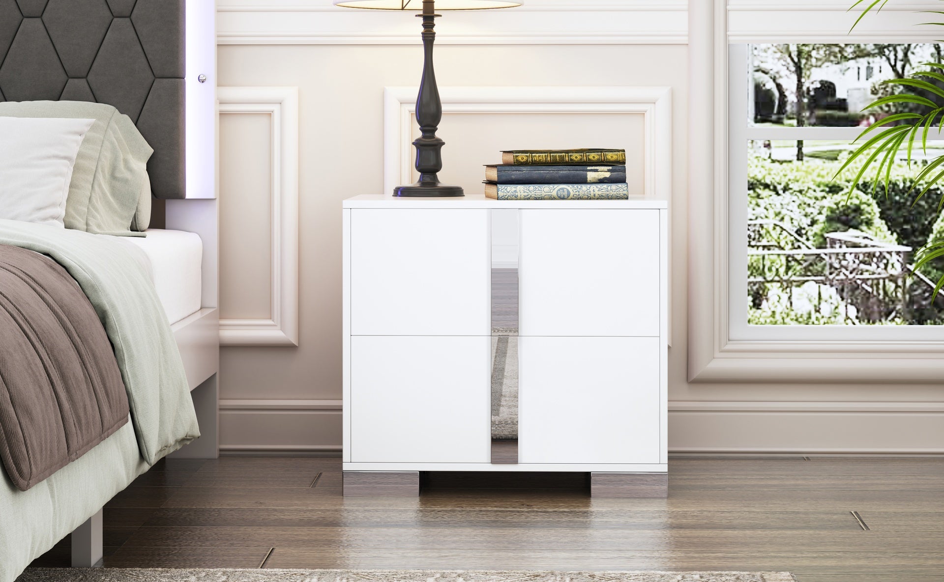 Elegant Nightstand with Metal Foot, Mirrored Bedside Table with 2 Drawers for Bedroom, Living Room, White