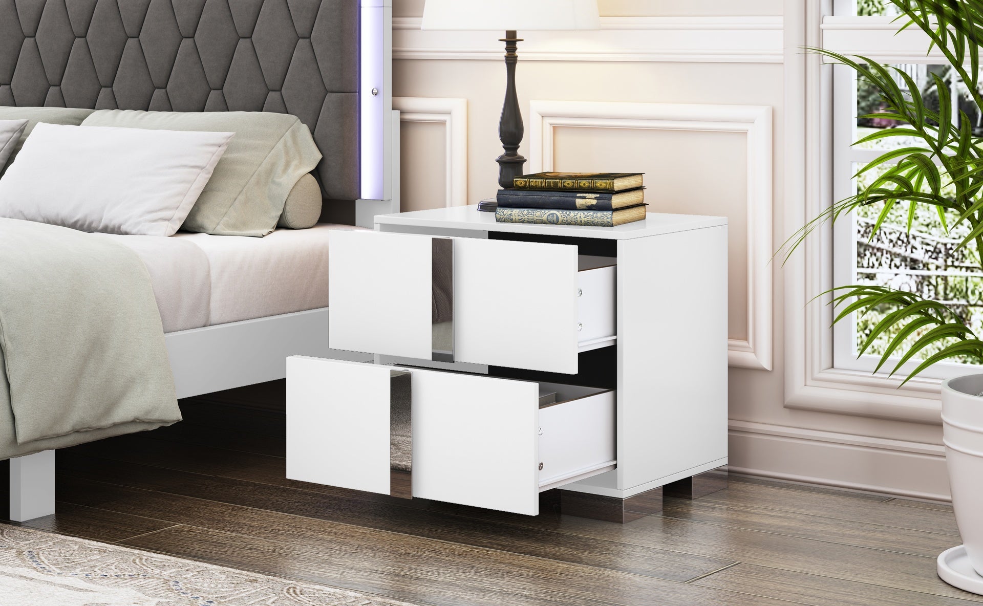 Elegant Nightstand with Metal Foot, Mirrored Bedside Table with 2 Drawers for Bedroom, Living Room, White
