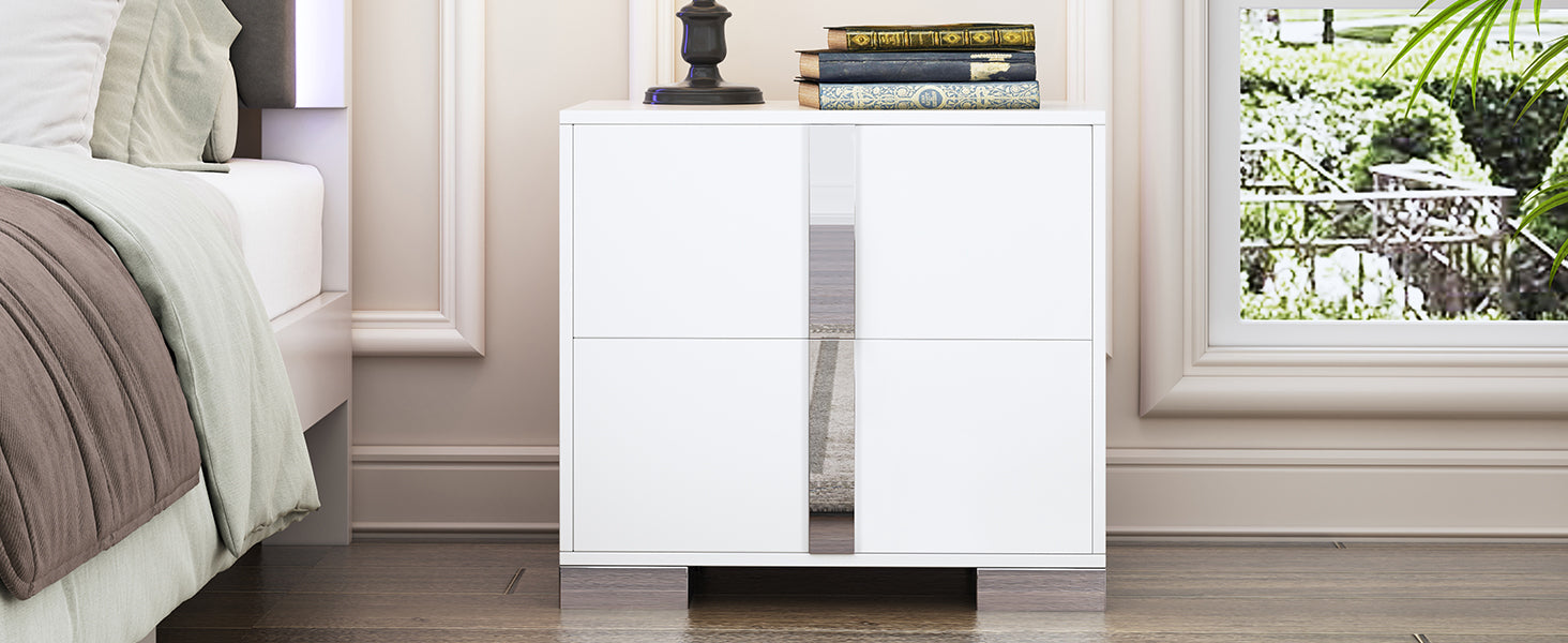 Elegant Nightstand with Metal Foot, Mirrored Bedside Table with 2 Drawers for Bedroom, Living Room, White