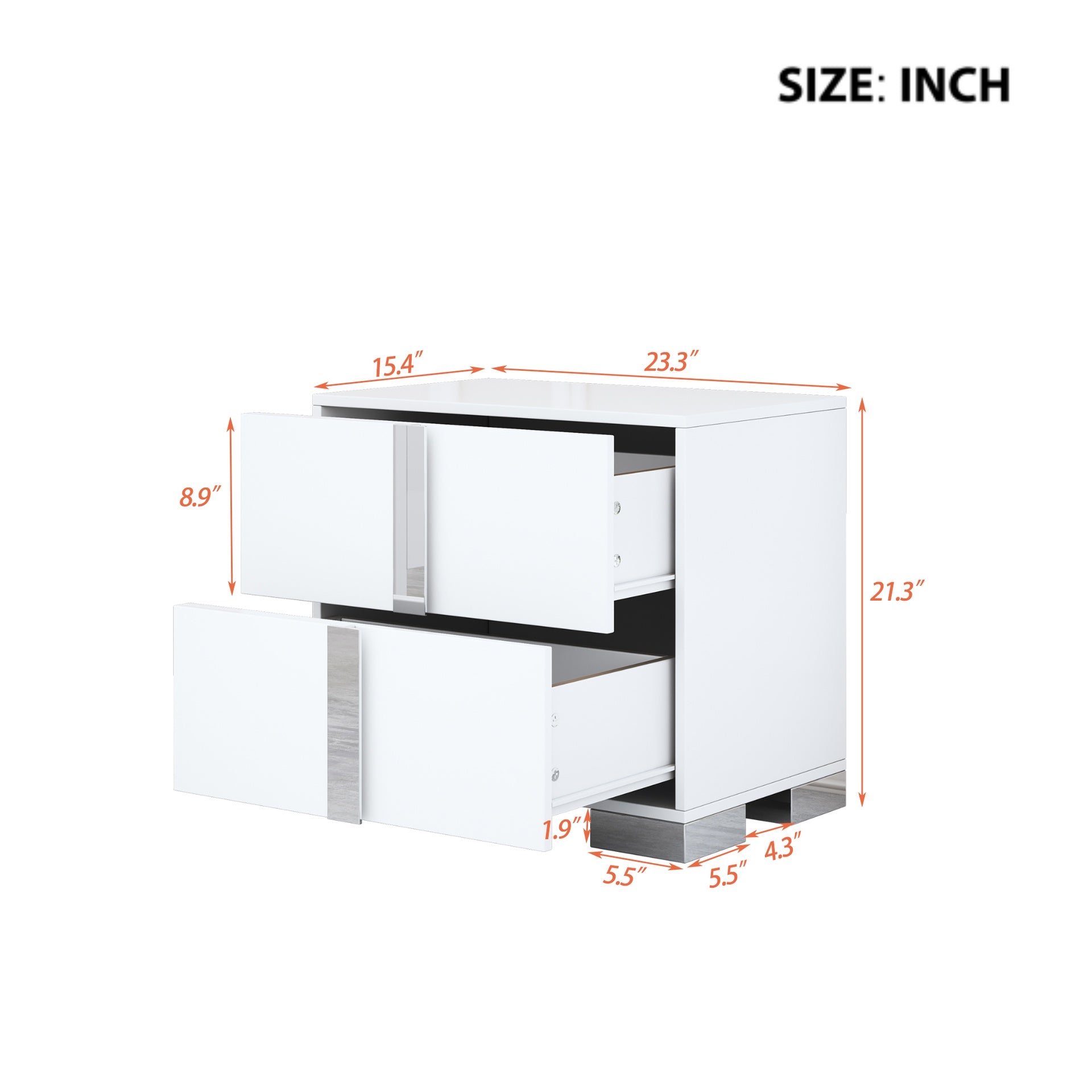 Elegant Nightstand with Metal Foot, Mirrored Bedside Table with 2 Drawers for Bedroom, Living Room, White