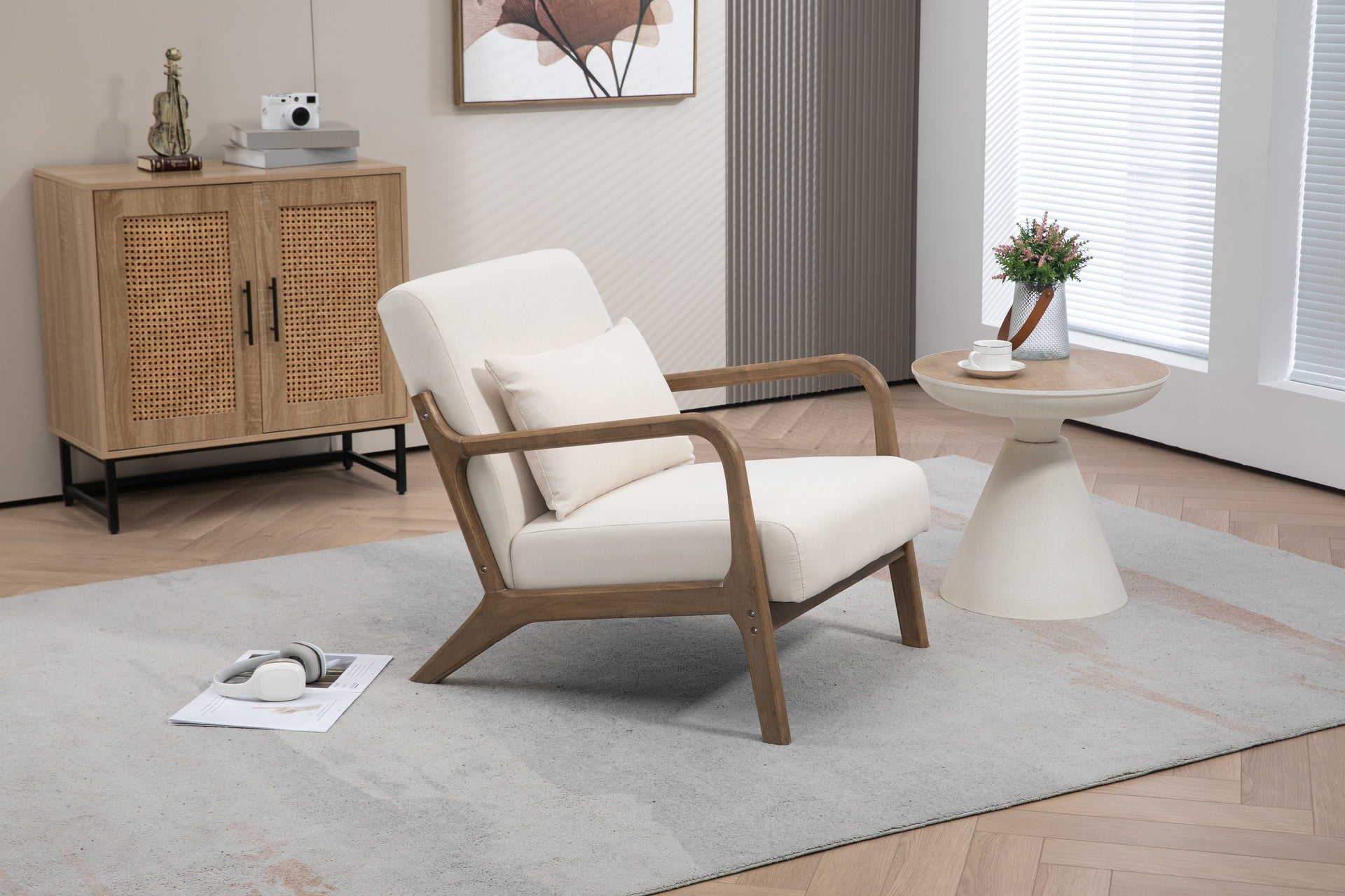 Mid Century Modern Accent Chair with Wood Frame, Upholstered Living Room Chairs with Waist Cushion, Reading Armchair for Bedroom Sunroom