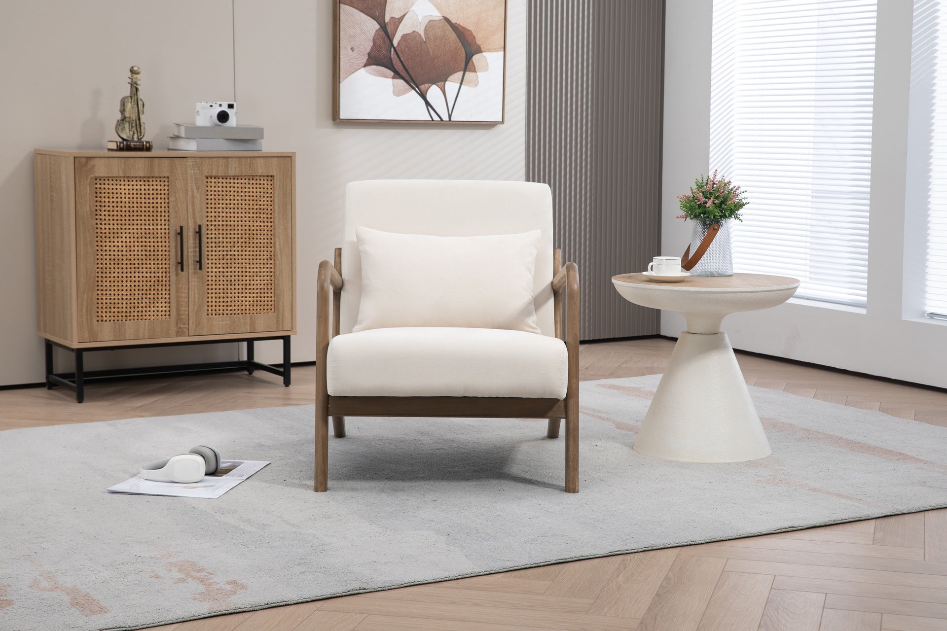 Mid Century Modern Accent Chair with Wood Frame, Upholstered Living Room Chairs with Waist Cushion, Reading Armchair for Bedroom Sunroom