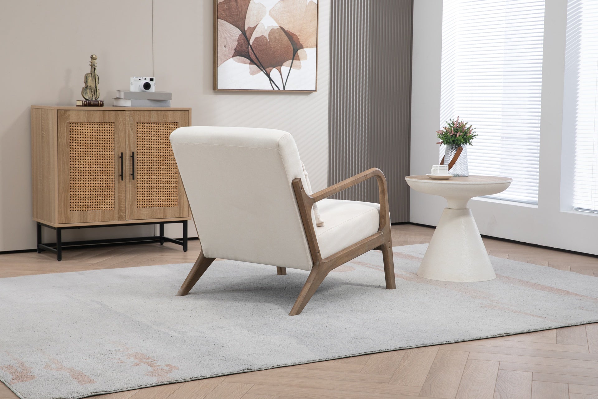 Mid Century Modern Accent Chair with Wood Frame, Upholstered Living Room Chairs with Waist Cushion, Reading Armchair for Bedroom Sunroom