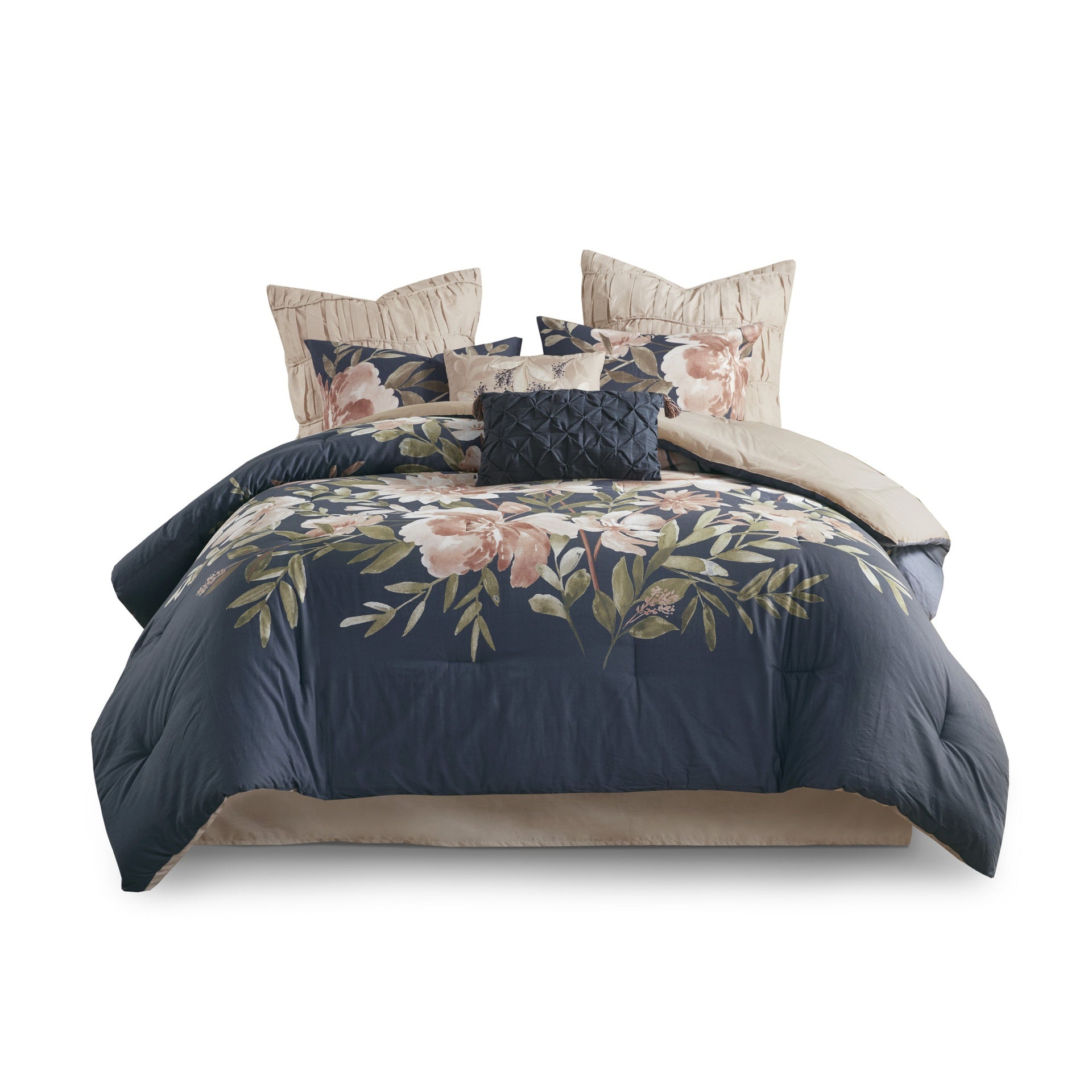 8 Piece Cotton Comforter Set Navy King