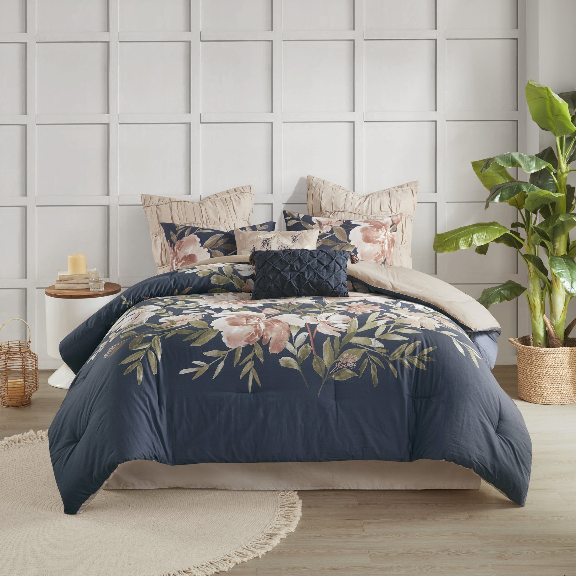 8 Piece Cotton Comforter Set Navy King