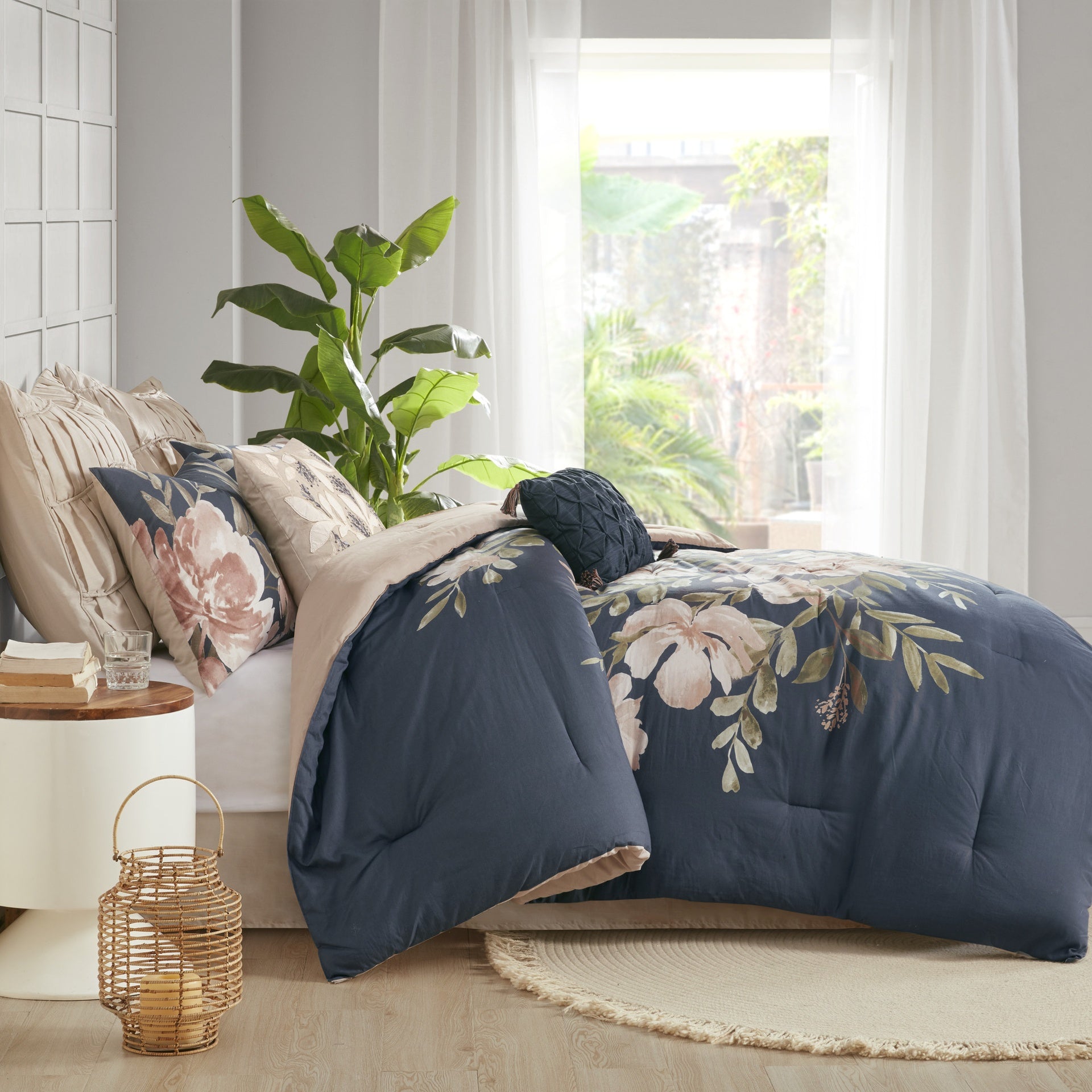 8 Piece Cotton Comforter Set Navy King