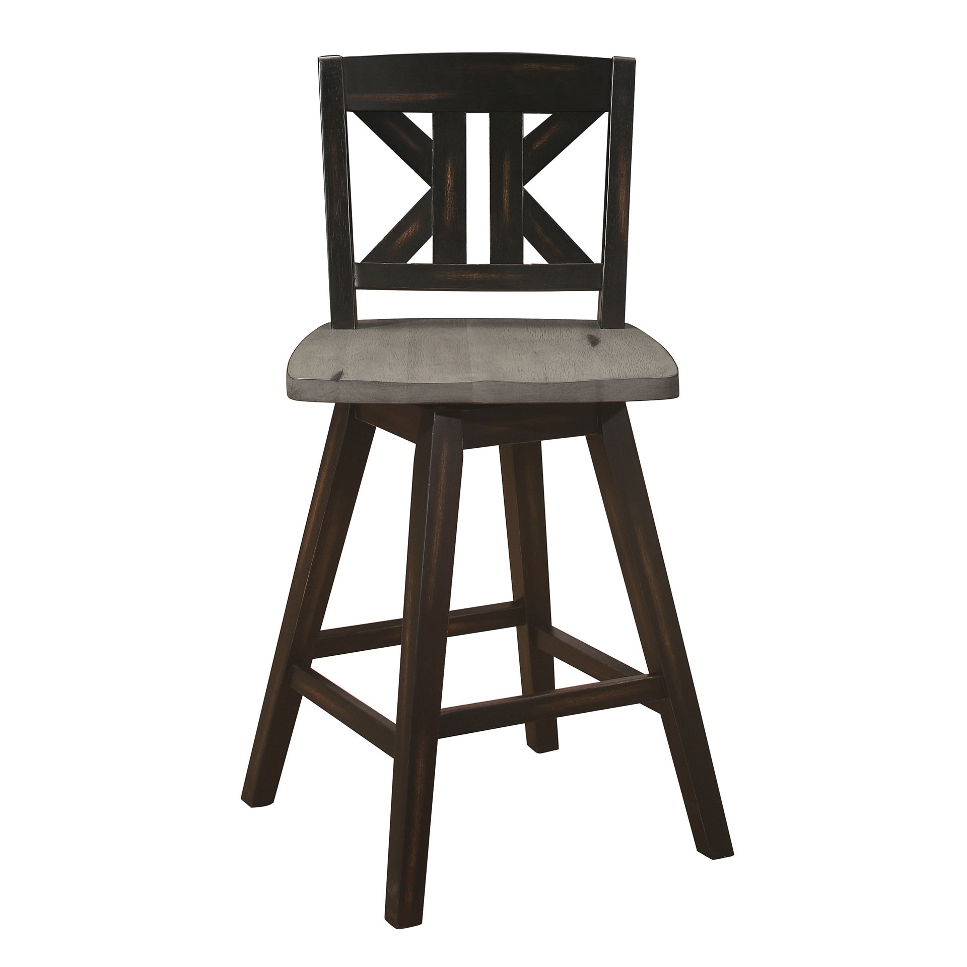 Counter Height Chairs Set of 2, Black Gray 360-degree Swivel Chair Solid Rubberwood Kitchen Dining Furniture, Divided X-Back