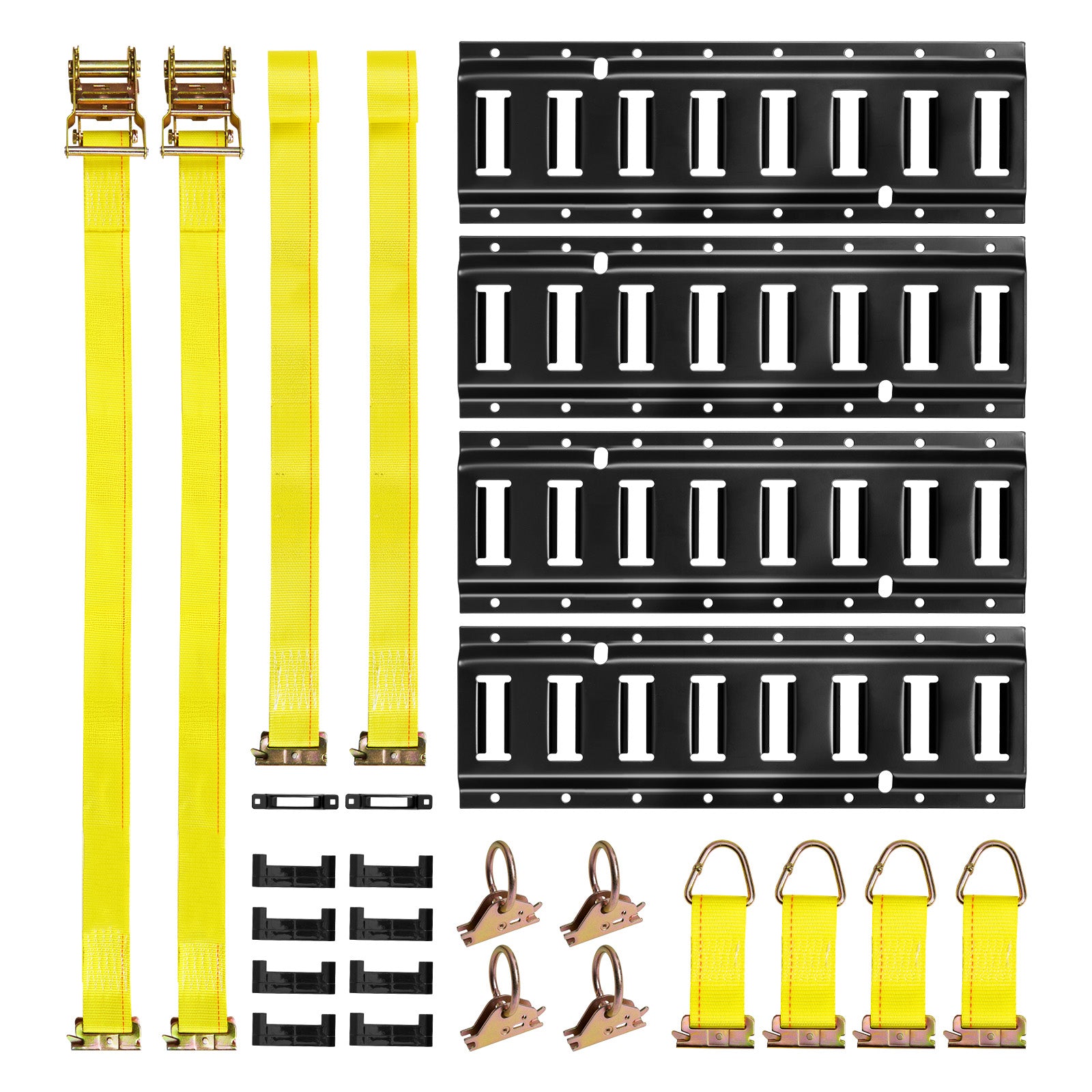 E-Track Tie-Down Rail Kit, 4 Pack 1.3 ft E Tracks Set, 21 Pcs Includes 2 Ratchet Straps & 4 O-Rings & 4 Tie-Offs with D-Ring & 2 Single Slots & 8 End Caps & 1 Bag, Fit for Garages Vans Trailers