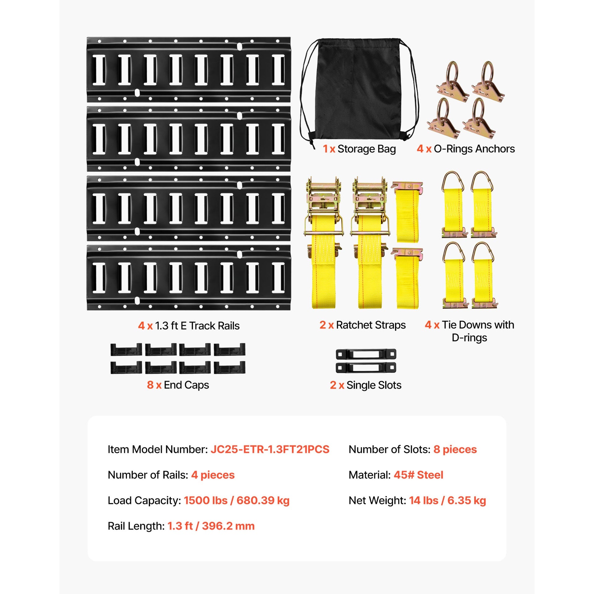 E-Track Tie-Down Rail Kit, 4 Pack 1.3 ft E Tracks Set, 21 Pcs Includes 2 Ratchet Straps & 4 O-Rings & 4 Tie-Offs with D-Ring & 2 Single Slots & 8 End Caps & 1 Bag, Fit for Garages Vans Trailers