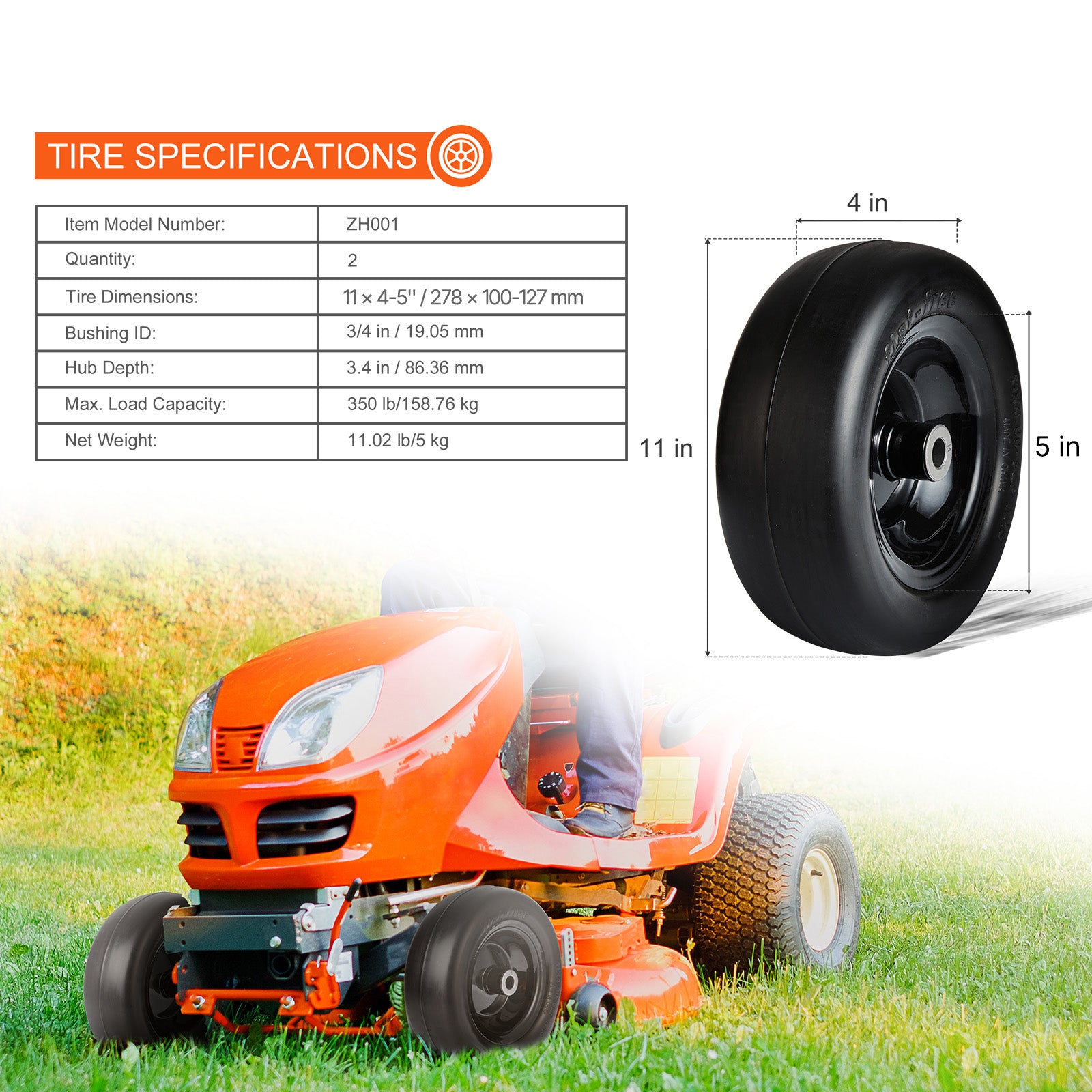 Lawn Mower Tires with Rim, 11x4-5" Tubeless Tractor Tires, 2-Pack Tire and Wheel Assemby, Flat-free PU Tire, 3.4" Centered Hub, 3/4" Bushing Size, 20 PCS Adapters for Riding Mowers Lawn Tractors